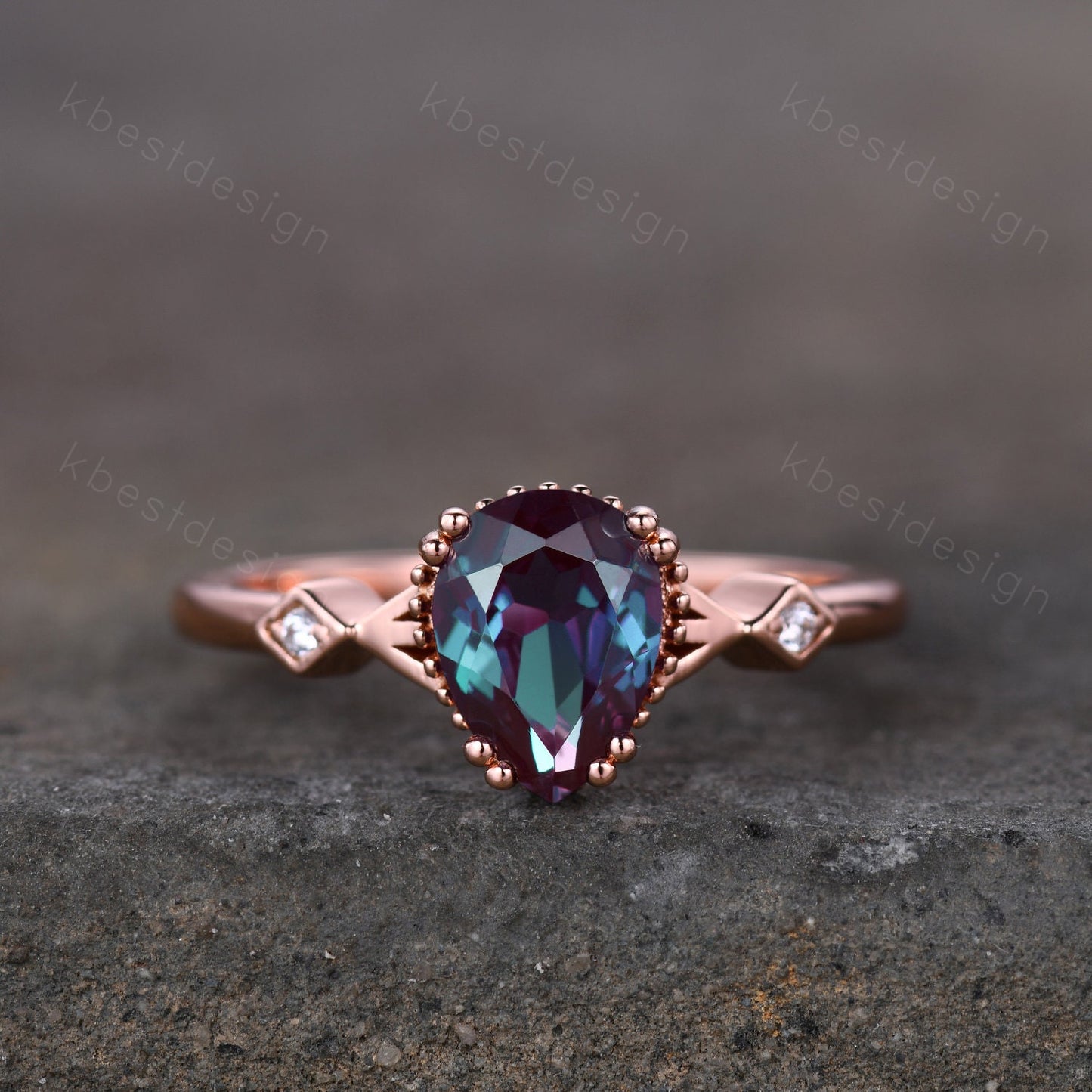 Pear shaped Alexandrite engagement ring vintage unique Alexandrite ring rose gold ring art deco milgrain bridal wedding ring June Birthstone