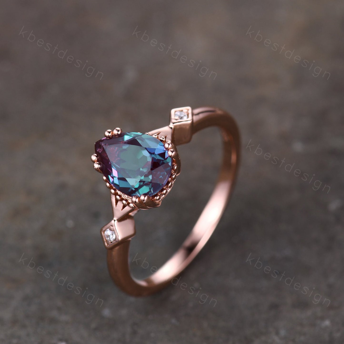Pear shaped Alexandrite engagement ring vintage unique Alexandrite ring rose gold ring art deco milgrain bridal wedding ring June Birthstone