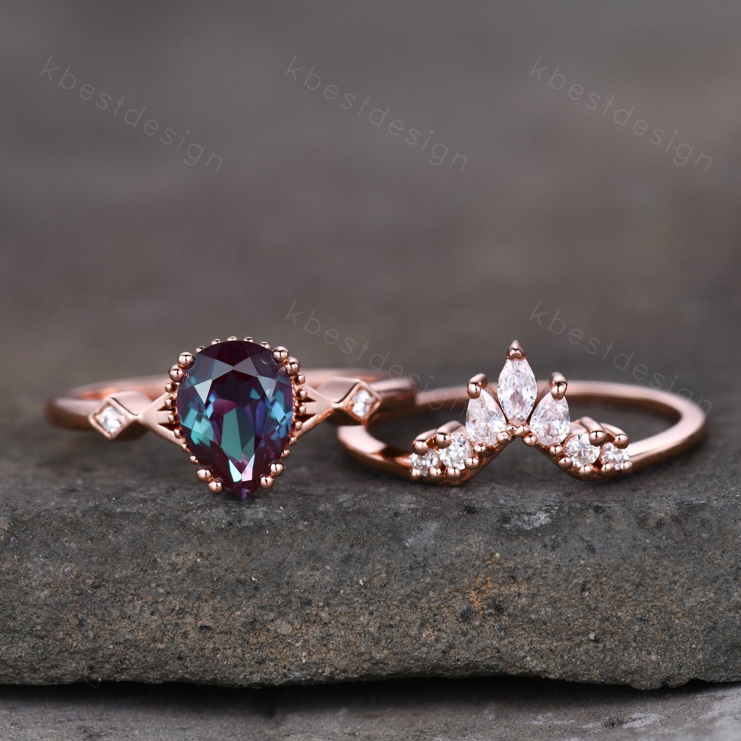 Pear shaped Alexandrite bridal ring set vintage Alexandrite engagement ring set unique curved moissanite wedding ring promise ring set
