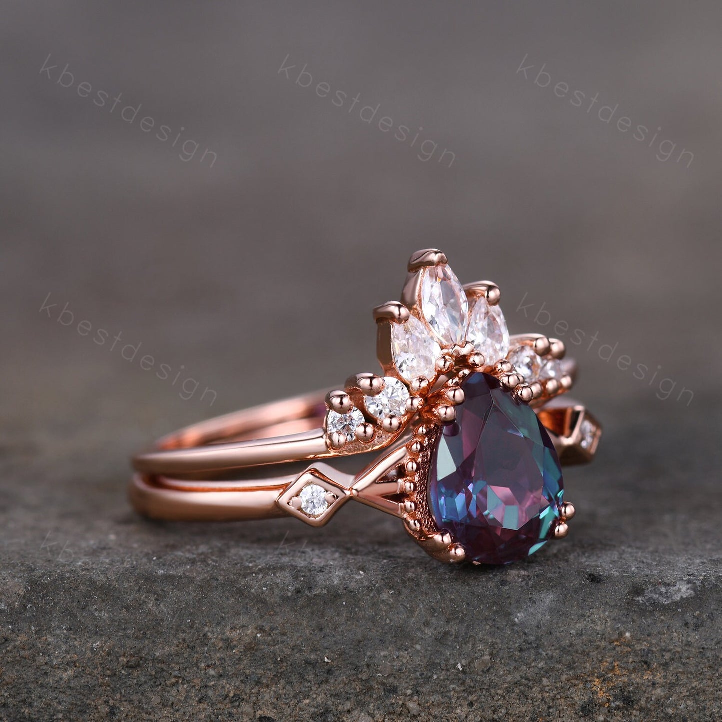Pear shaped Alexandrite bridal ring set vintage Alexandrite engagement ring set unique curved moissanite wedding ring promise ring set