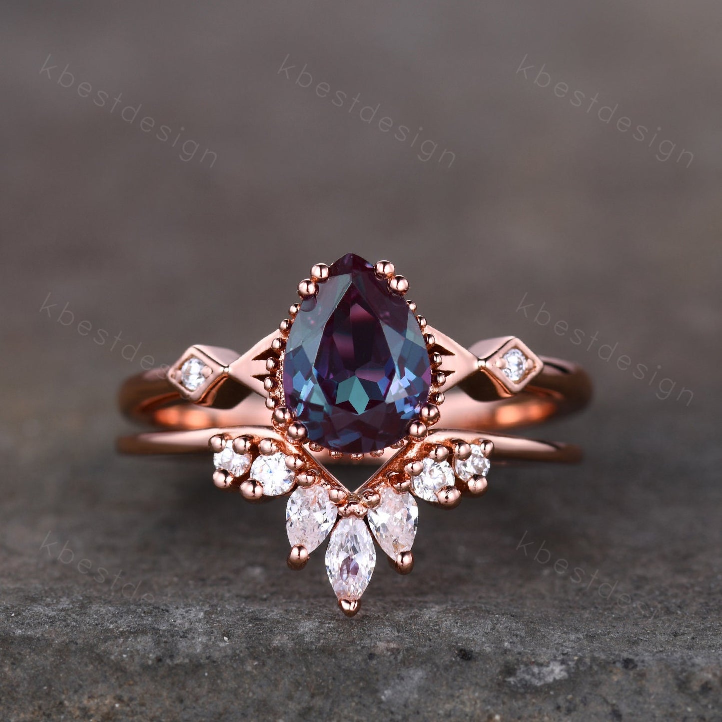 Pear shaped Alexandrite bridal ring set vintage Alexandrite engagement ring set unique curved moissanite wedding ring promise ring set