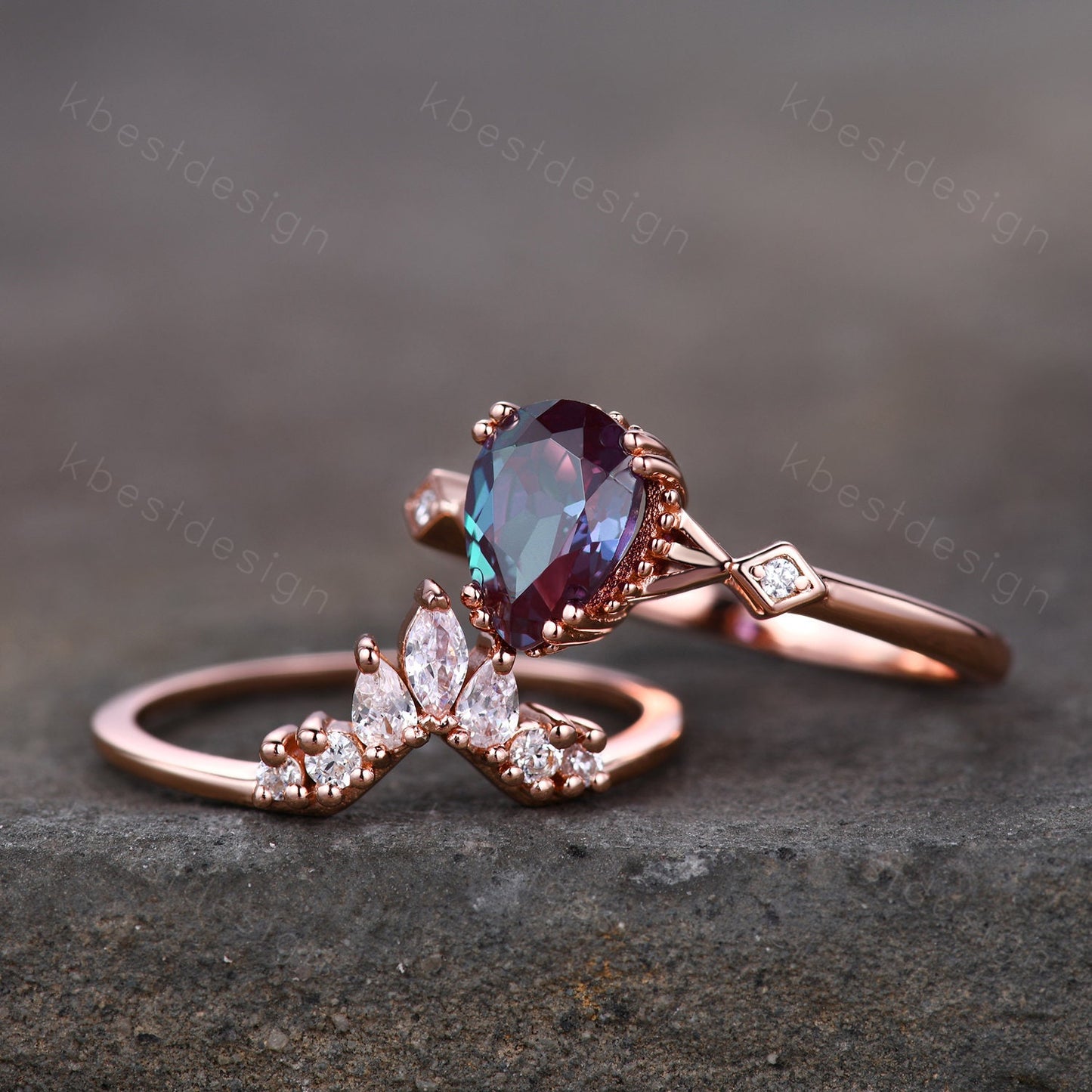 Pear shaped Alexandrite bridal ring set vintage Alexandrite engagement ring set unique curved moissanite wedding ring promise ring set
