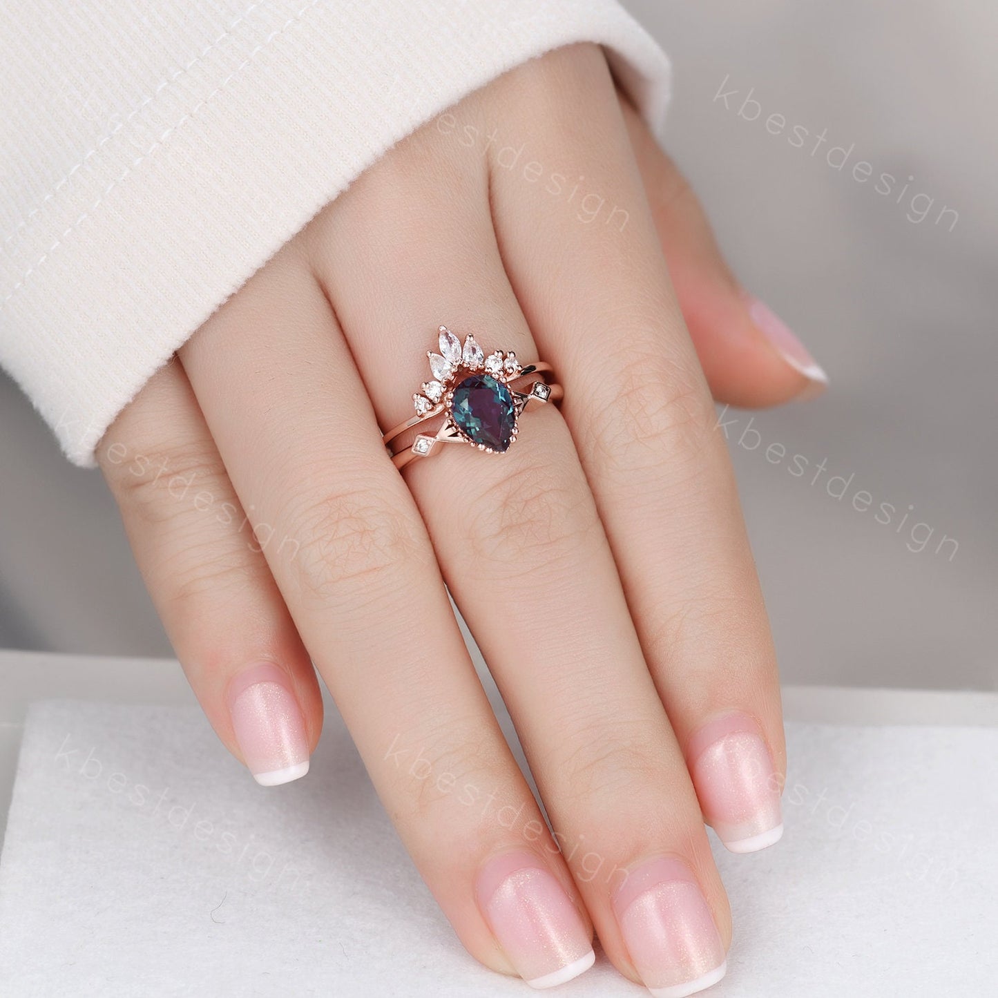 Pear shaped Alexandrite bridal ring set vintage Alexandrite engagement ring set unique curved moissanite wedding ring promise ring set