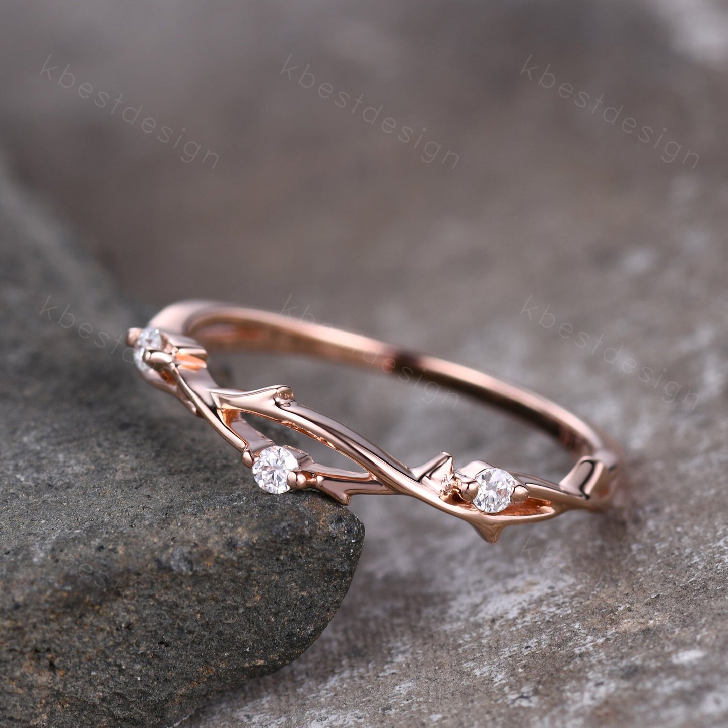 Twig moissanite wedding band rose gold art deco wedding ring for women three stone stacking band unique branch ring anniversary gift