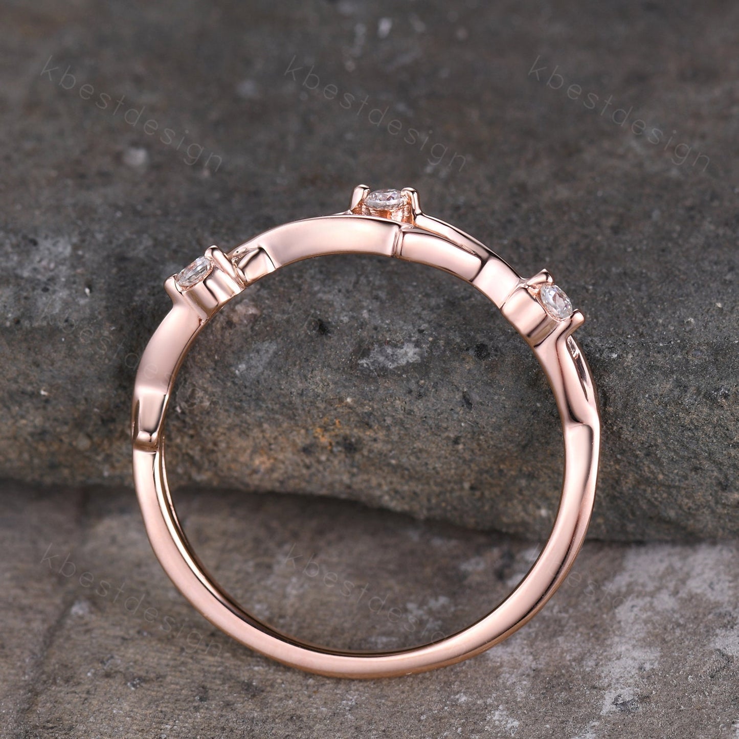 Twig moissanite wedding band rose gold art deco wedding ring for women three stone stacking band unique branch ring anniversary gift