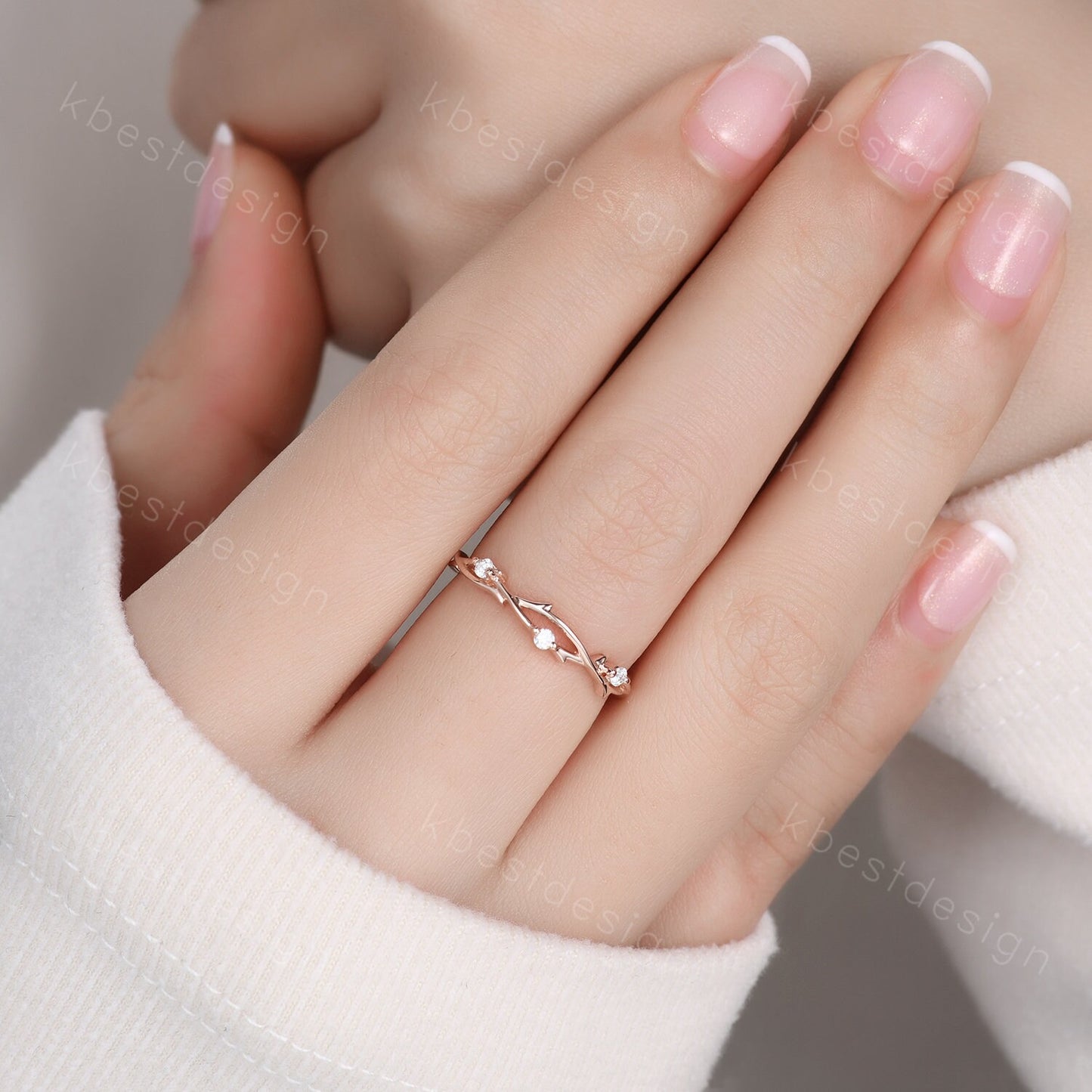 Twig moissanite wedding band rose gold art deco wedding ring for women three stone stacking band unique branch ring anniversary gift
