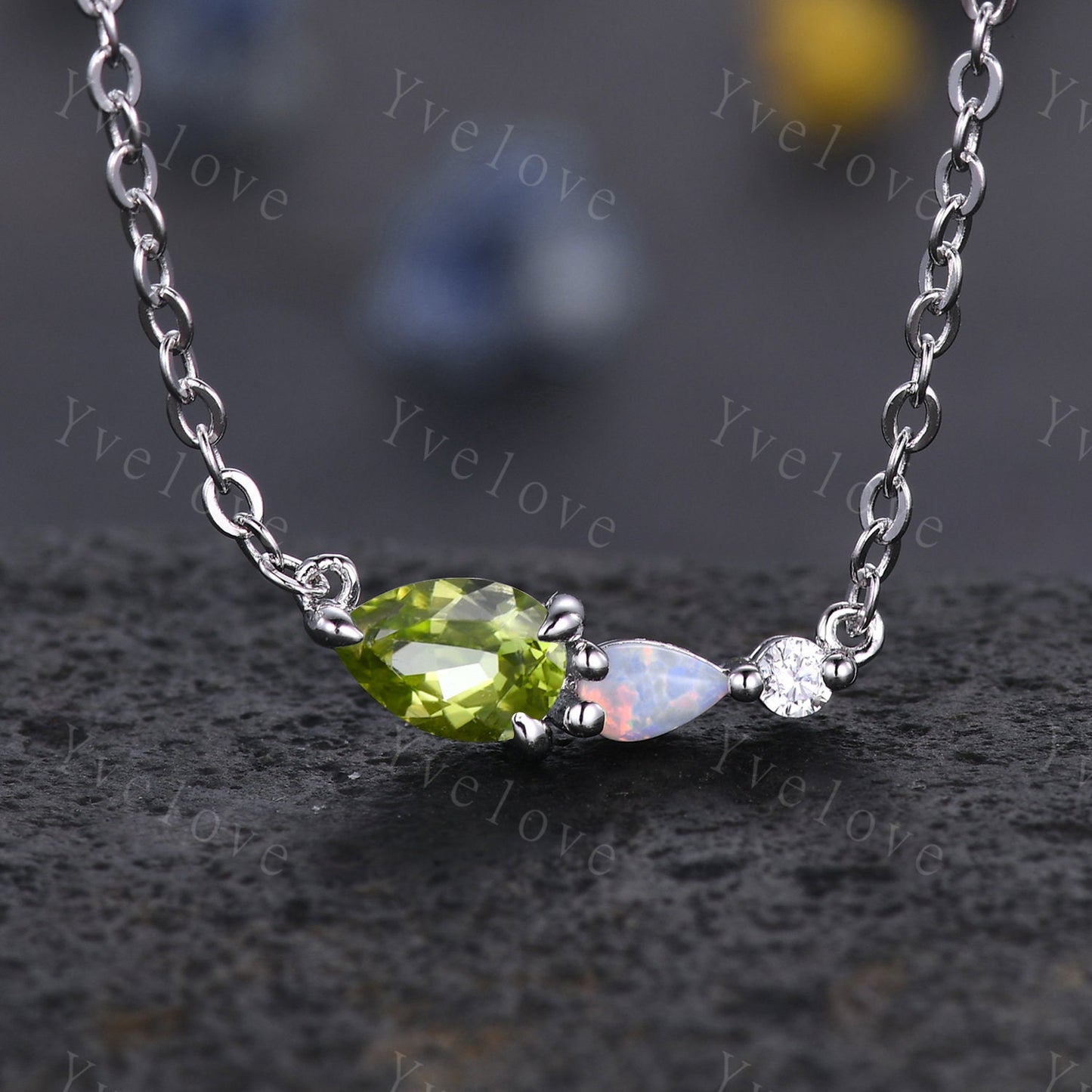 Unique Ruby Opal Necklace,Pear Cut Gems,Art Deco Moissanite Diamond Delicate Dainty Necklace,3 Stone Unique Women Bridal Gift,White gold