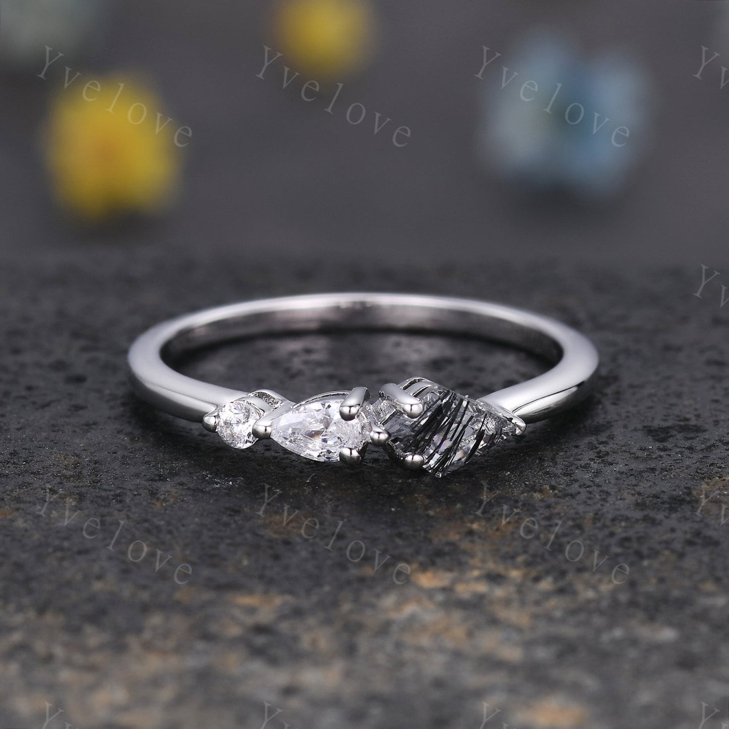 Unique Moss Agate Engagement Ring,Kite Cut Gems,Art Deco Moissanite Wedding Band,3 Stone Unique Women Bridal Promise Ring,Customized Gift