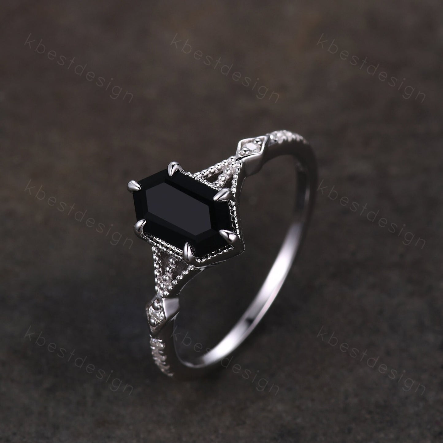 Elongated Hexagon cut Black Onyx Ring Silver Ring Art Deco Milgrain Moissanite Wedding Ring Black stone ring Antique Bridal Promise Ring