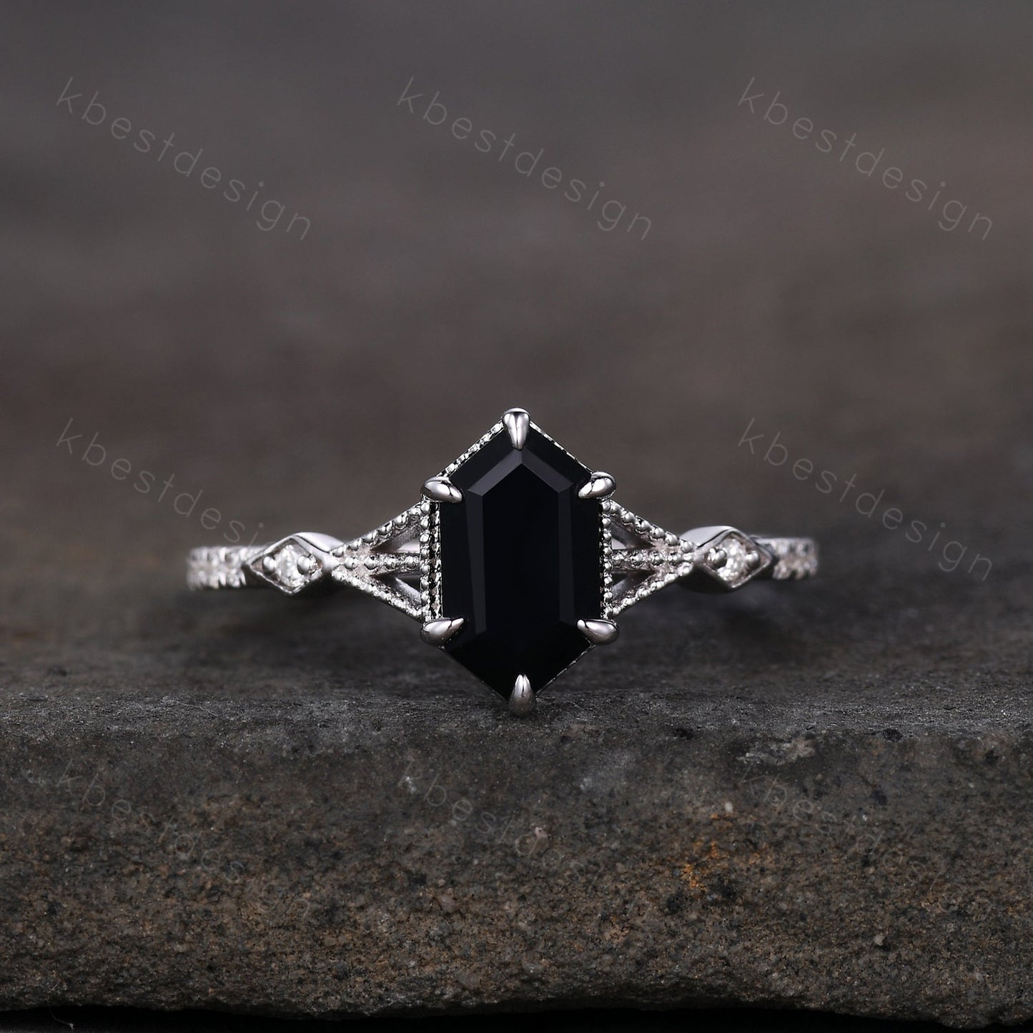 Elongated Hexagon cut Black Onyx Ring Silver Ring Art Deco Milgrain Moissanite Wedding Ring Black stone ring Antique Bridal Promise Ring