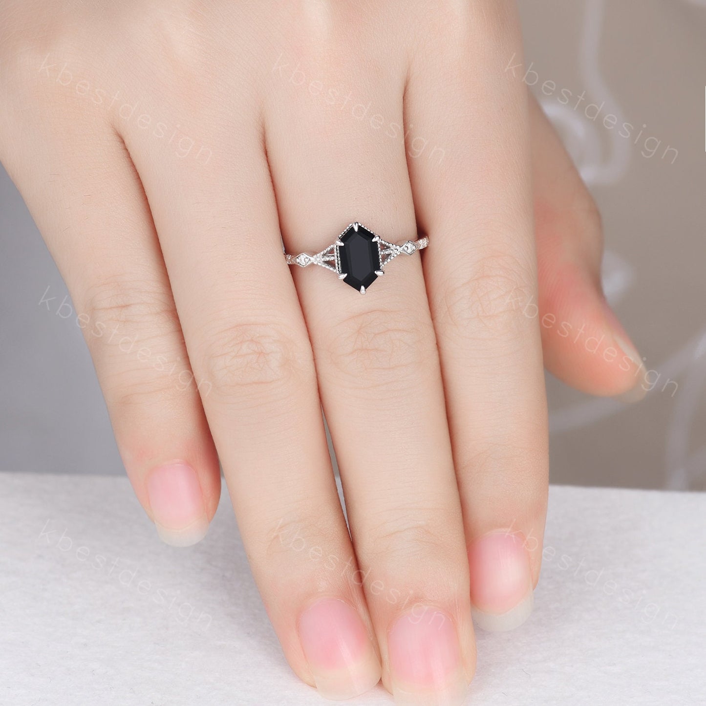 Elongated Hexagon cut Black Onyx Ring Silver Ring Art Deco Milgrain Moissanite Wedding Ring Black stone ring Antique Bridal Promise Ring