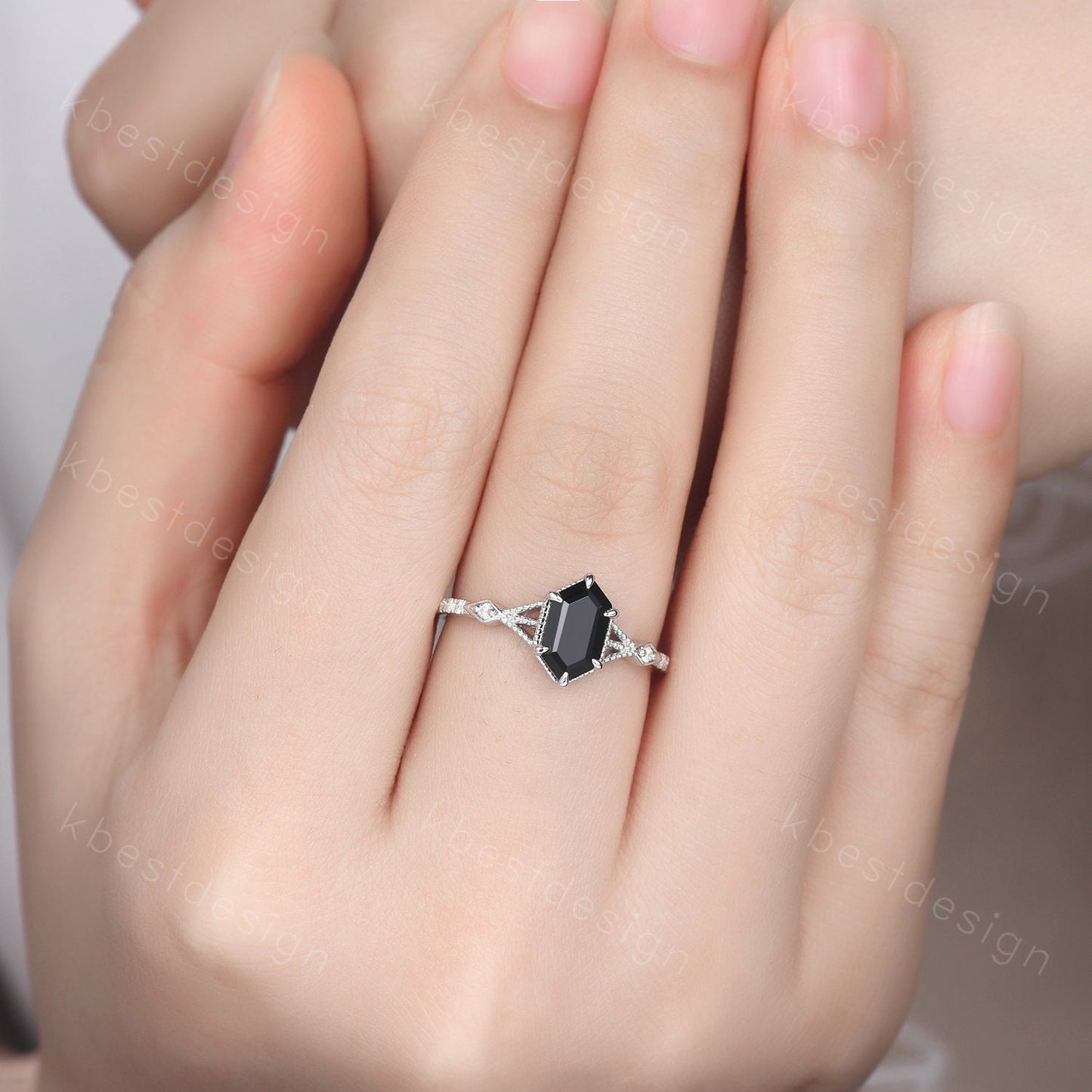 Elongated Hexagon cut Black Onyx Ring Silver Ring Art Deco Milgrain Moissanite Wedding Ring Black stone ring Antique Bridal Promise Ring