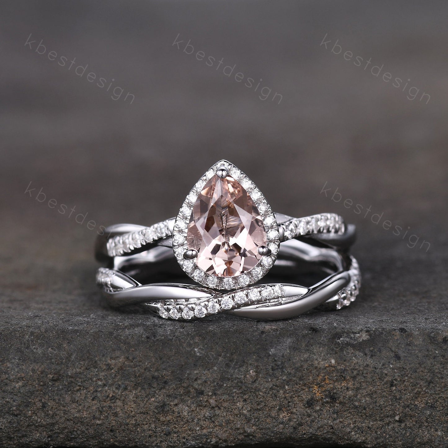 Vintage Morganite Engagement Ring Set White Gold Teardrop Peach Morganite Ring Unique Twisted Moissanite Wedding Band Bridal Promise Ring