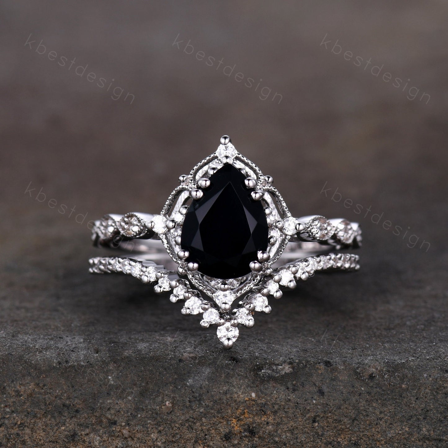 Vintage black onyx engagement ring 14k yellow gold ring art deco curved stacking band pear shaped bridal set unique moissanite wedding set