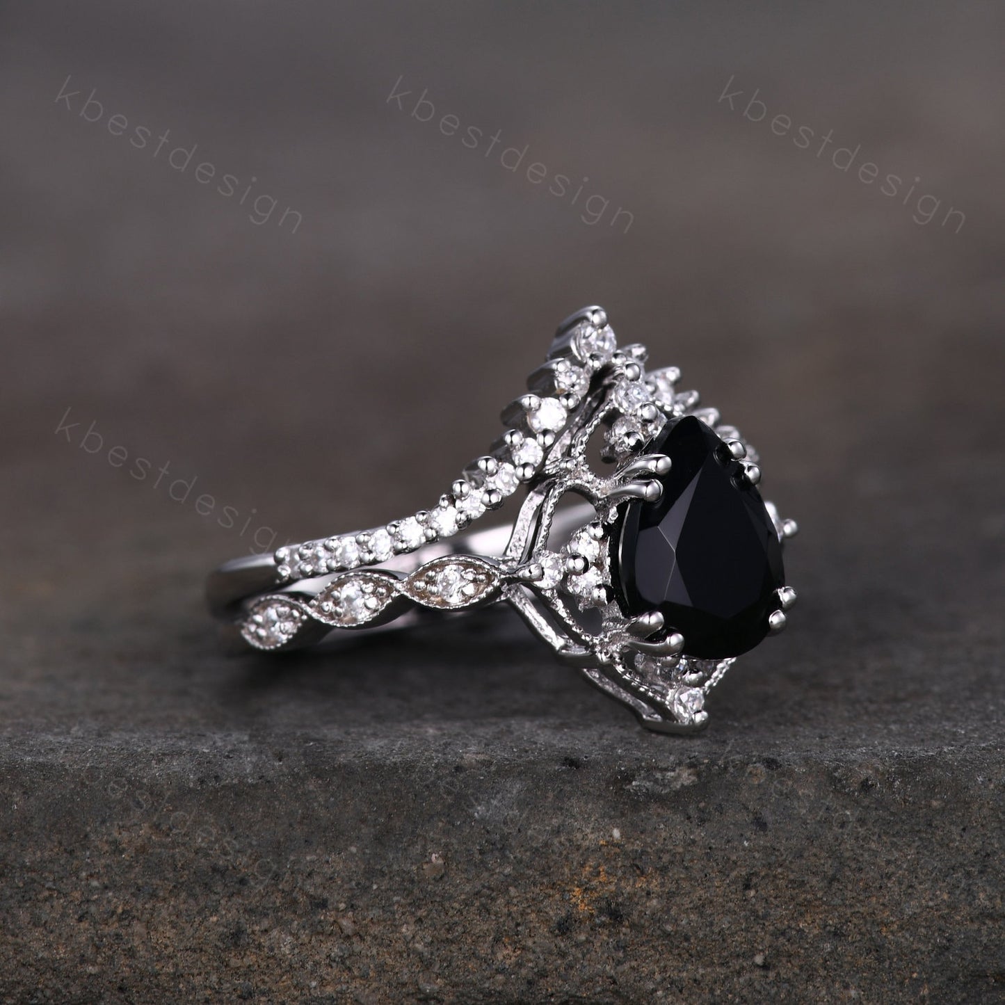 Vintage black onyx engagement ring sterling silver ring art deco curved stacking band pear shaped bridal set unique moissanite wedding set