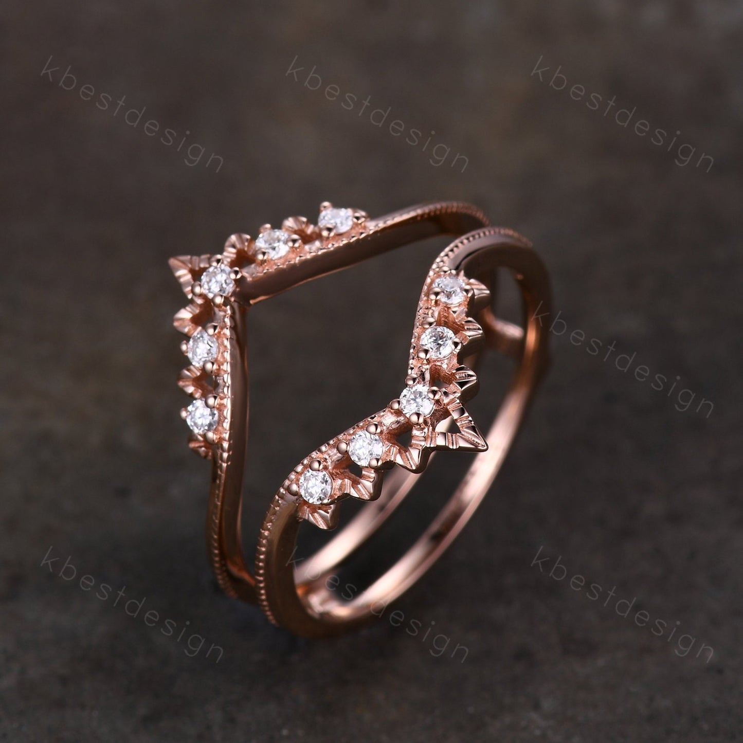Art deco Moissanite double curved wedding band rose gold enhancer band unique stacking matching band Antique bridal anniversary ring