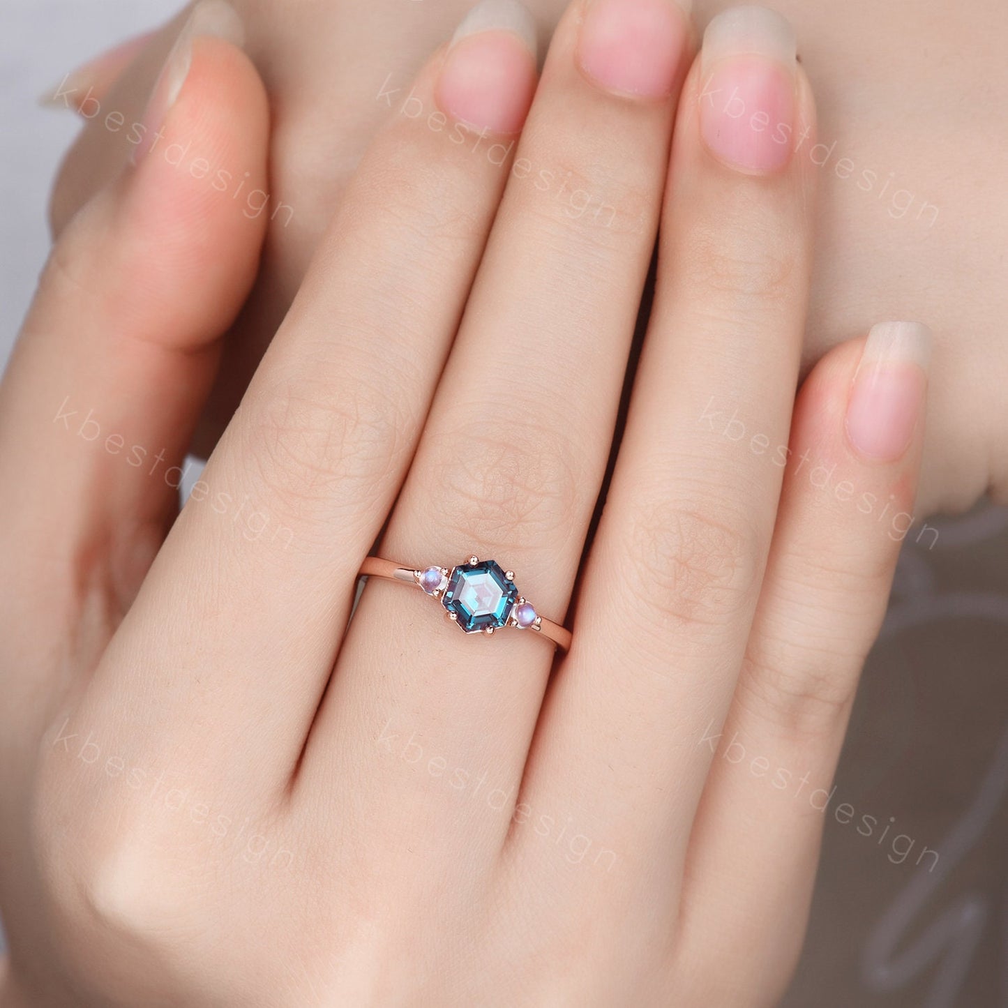 Vintage Alexandrite engagement ring hexagon cut ring rose gold moonstone wedding ring three stone engagement ring bridal promise ring