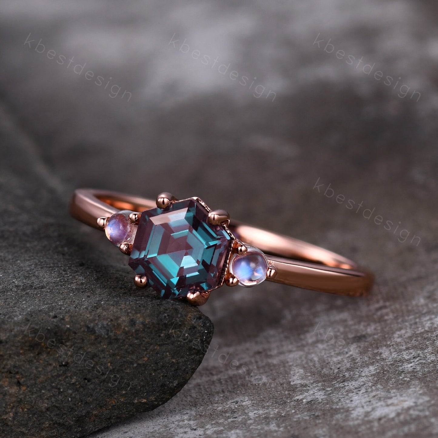 Vintage Alexandrite engagement ring hexagon cut ring rose gold moonstone wedding ring three stone engagement ring bridal promise ring