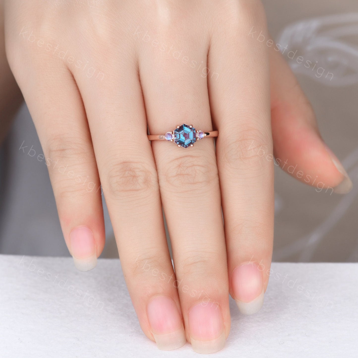 Vintage Alexandrite engagement ring hexagon cut ring rose gold moonstone wedding ring three stone engagement ring bridal promise ring