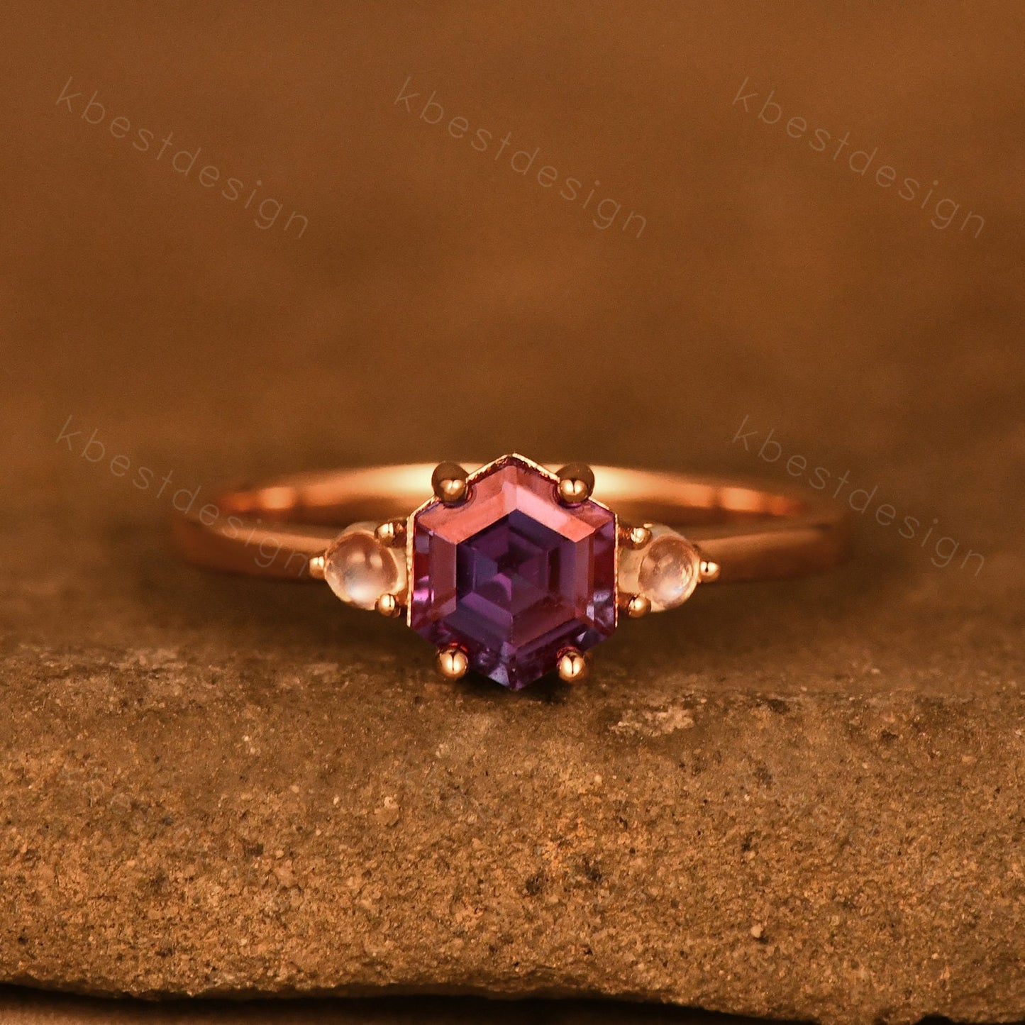 Vintage Alexandrite engagement ring hexagon cut ring rose gold moonstone wedding ring three stone engagement ring bridal promise ring