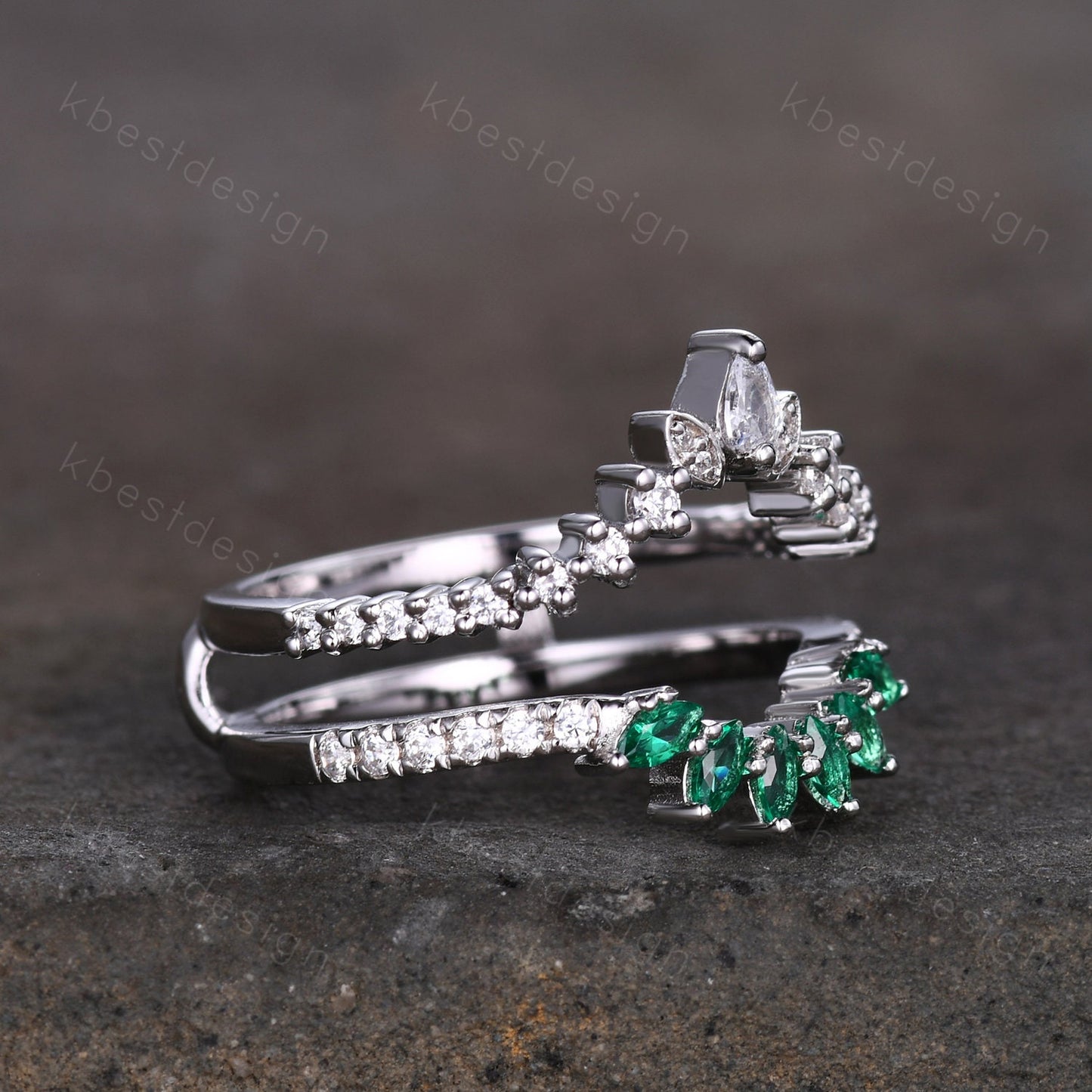 Double curved Emerald/Moissanite wedding band vintage White gold marquise emerald cluster band Half eternity stacking band Promise gift