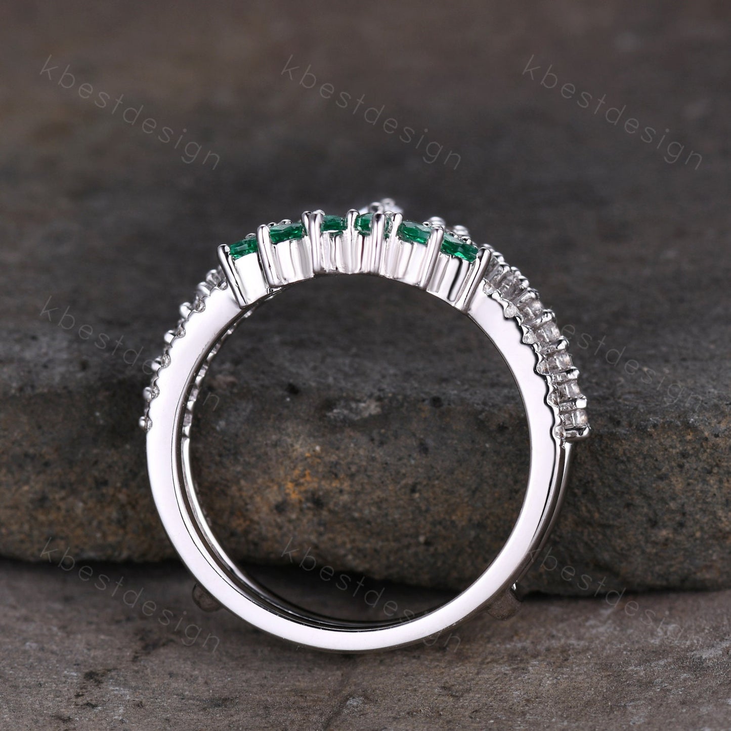 Double curved Emerald/Moissanite wedding band vintage White gold marquise emerald cluster band Half eternity stacking band Promise gift
