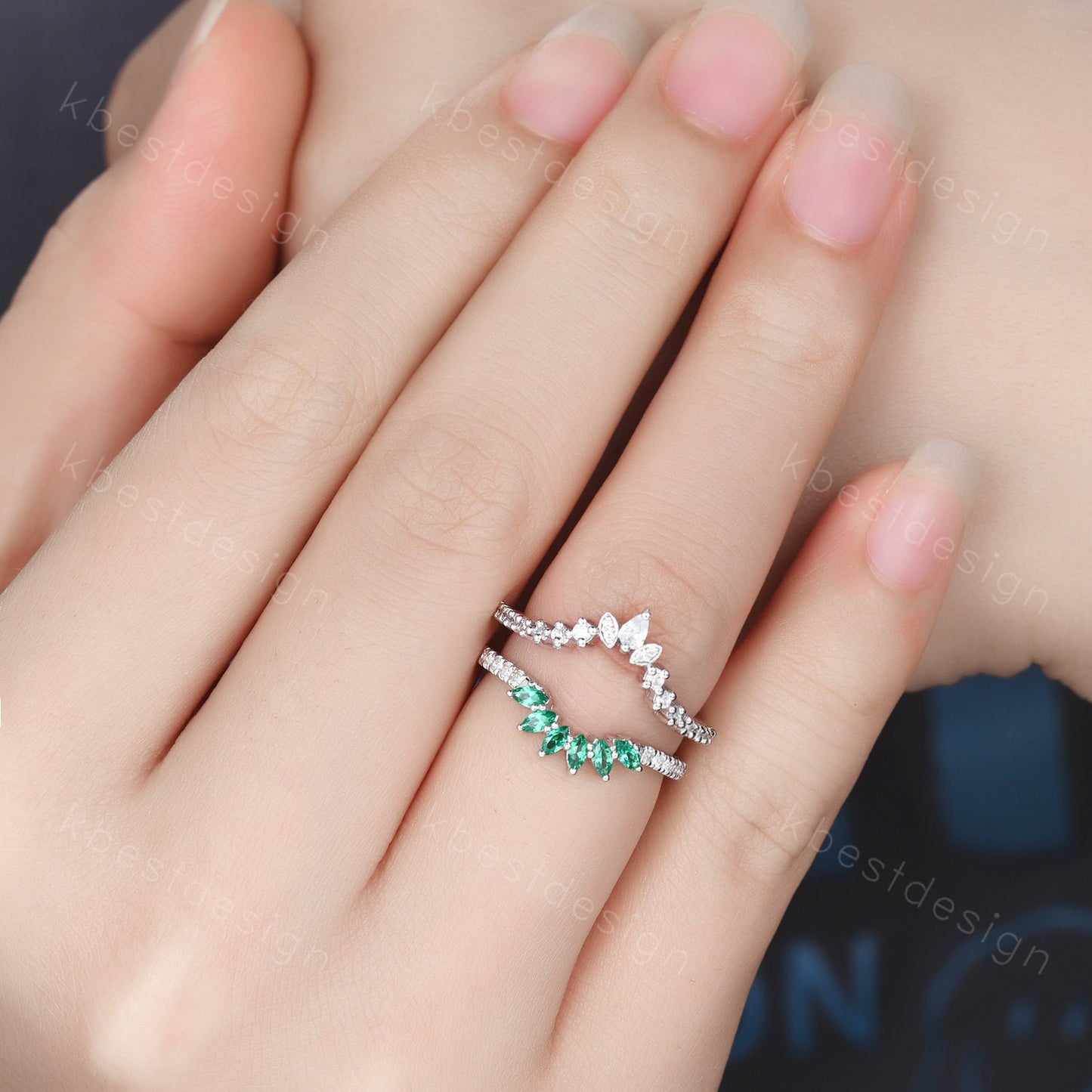 Double curved Emerald/Moissanite wedding band vintage White gold marquise emerald cluster band Half eternity stacking band Promise gift