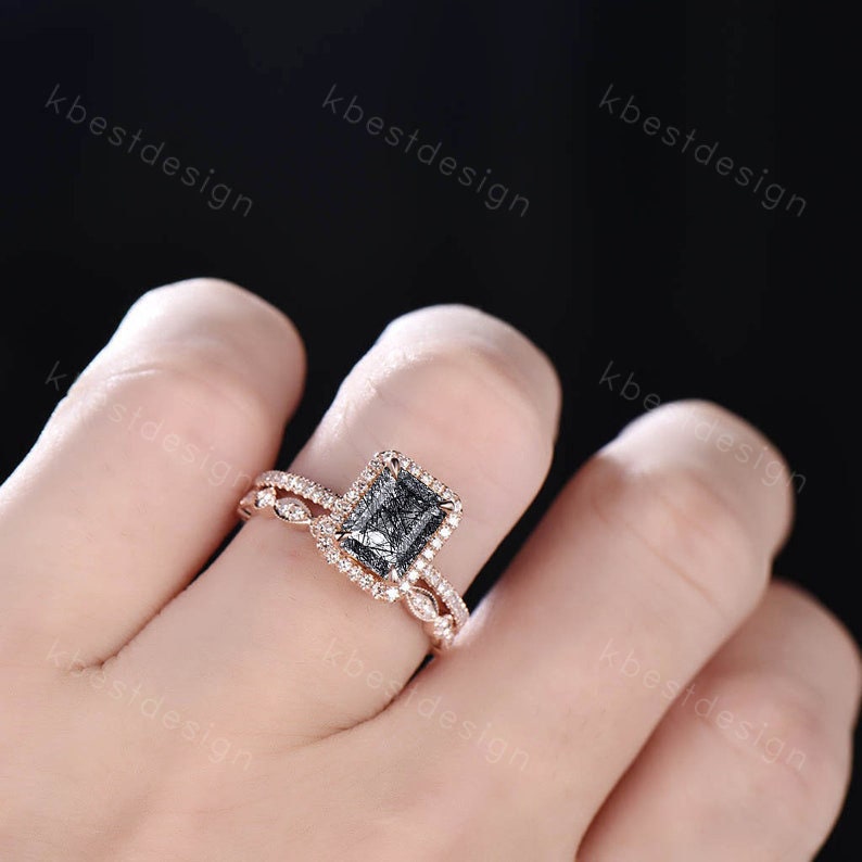 Vintage Emerald cut black rutilated quartz engagement ring set 14k rose gold art deco wedding ring for women unique bridal promise ring set