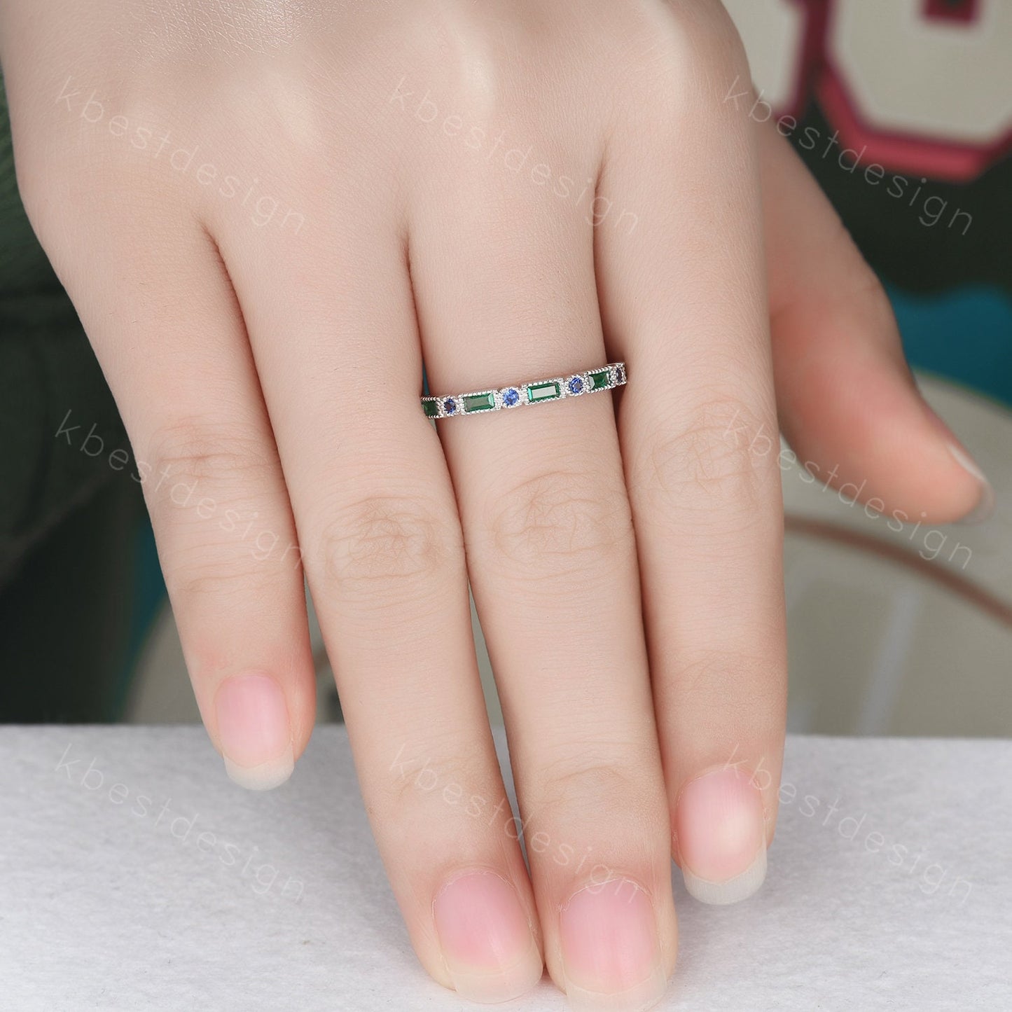Art Deco Emerald sapphire wedding band silver baguette band women wedding ring May birthstone ring vintage stacking Anniversary gift