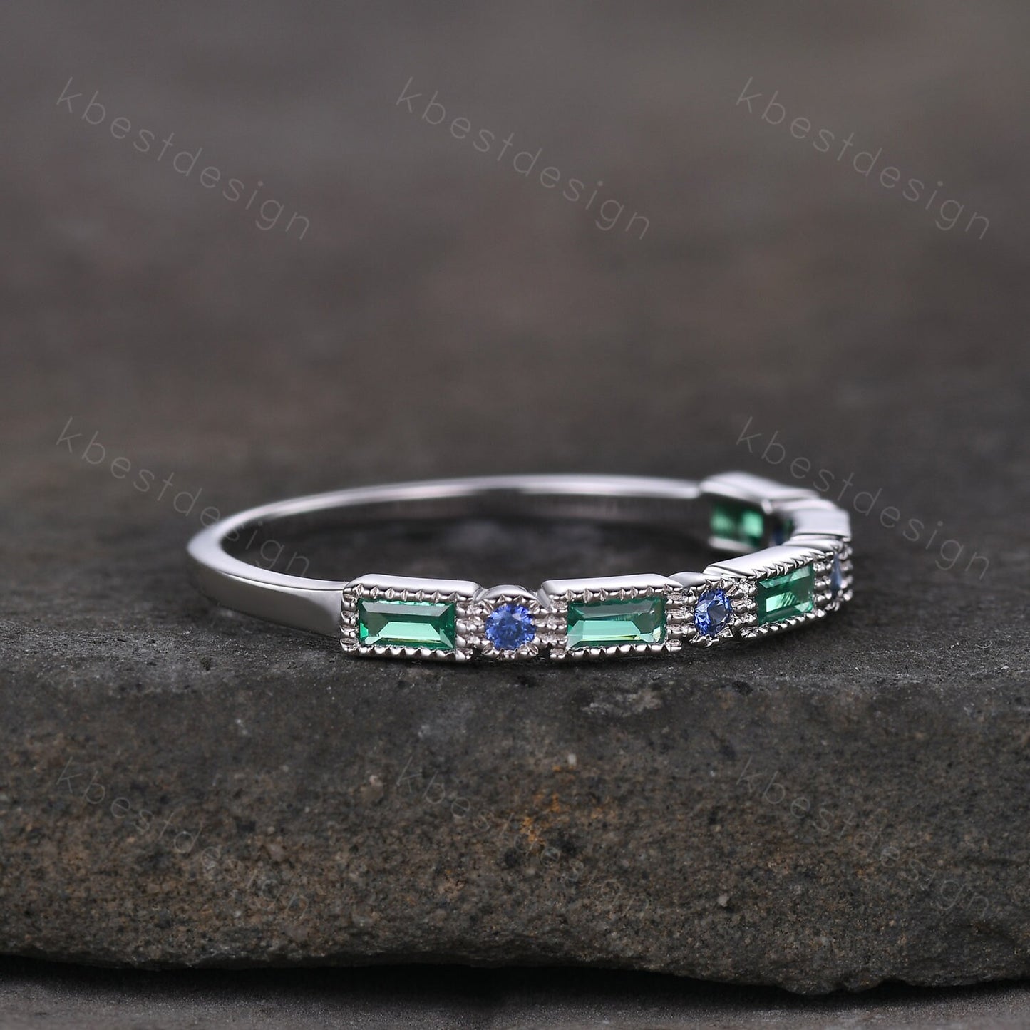 Art Deco Emerald sapphire wedding band silver baguette band women wedding ring May birthstone ring vintage stacking Anniversary gift