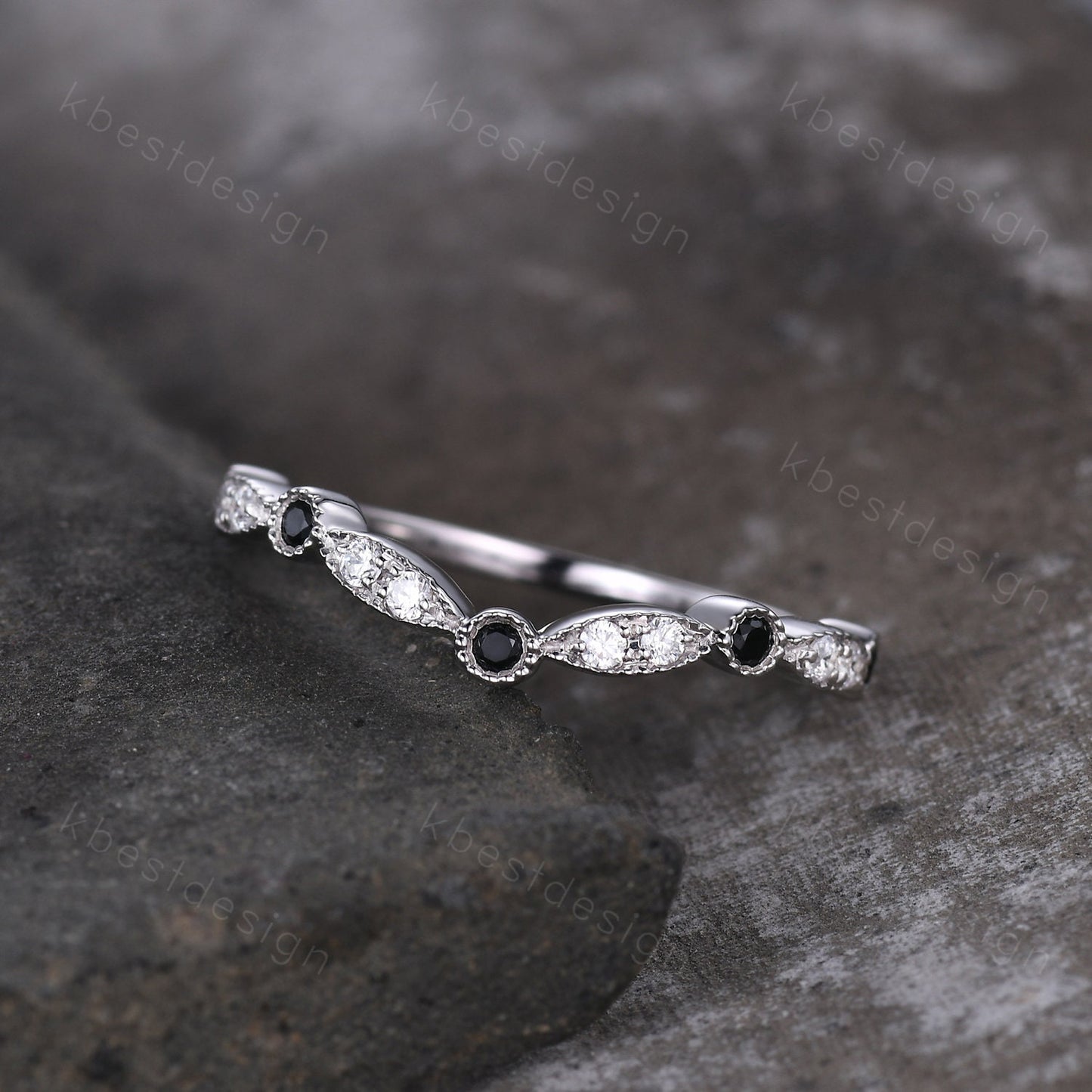 Curved moissanite wedding band sterling silver black spinel wedding ring art deco stacking matching band women anniversary gift