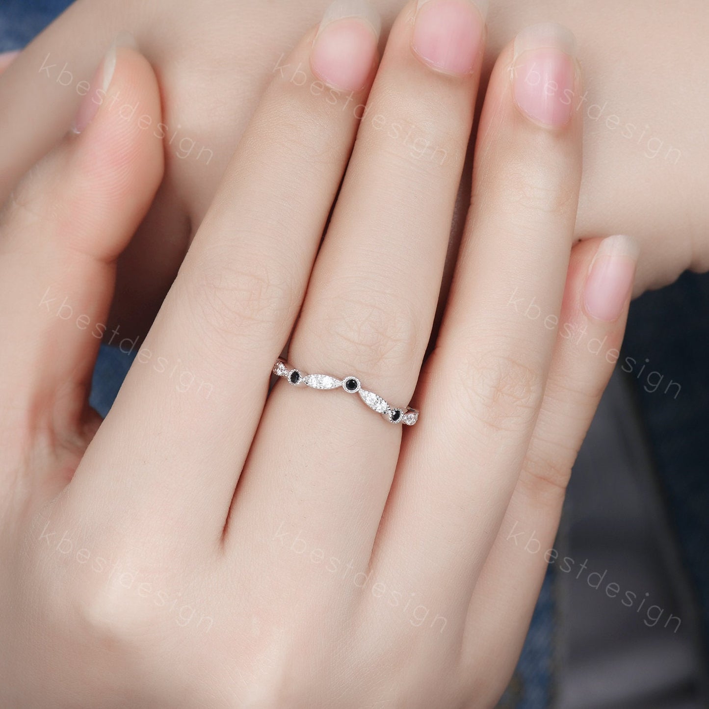 Curved moissanite wedding band sterling silver black spinel wedding ring art deco stacking matching band women anniversary gift