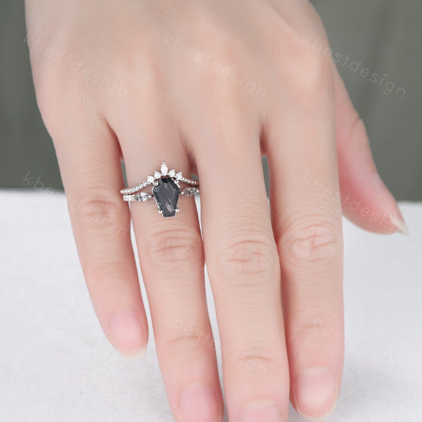 Coffin shaped black rutilated quartz engagement ring set unique art deco Moissanite wedding ring silver ring vintage bridal wedding ring set