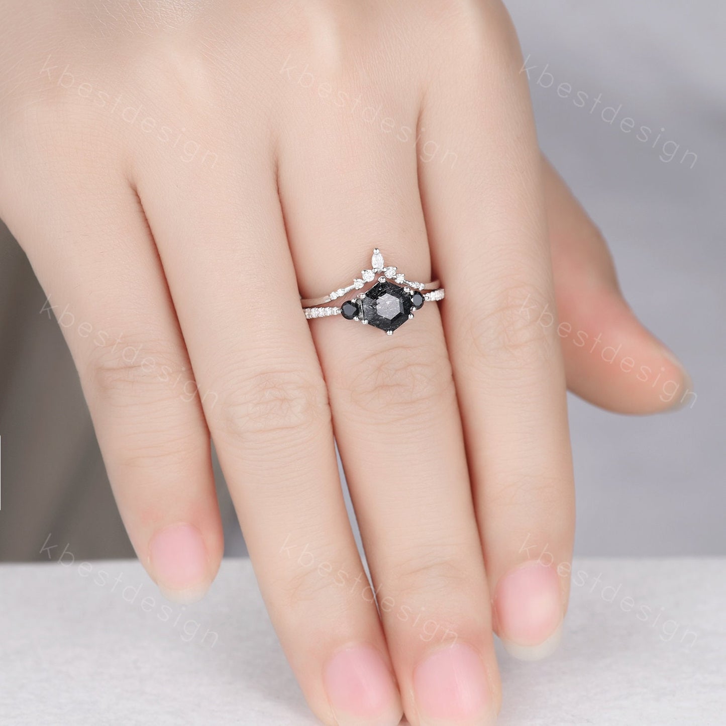 Natural black rutilated quartz engagement ring white gold hexagon cut ring unique curved moissanite stacking band bridal wedding promise set