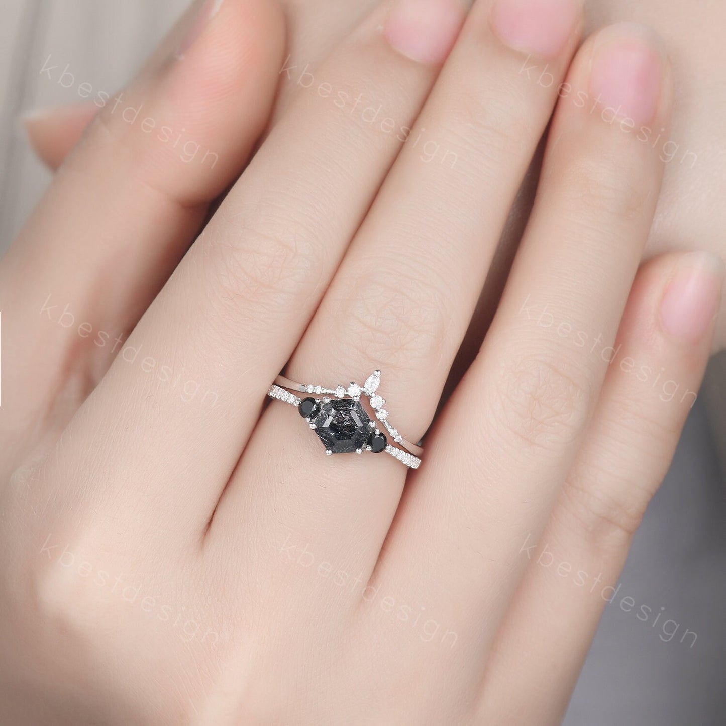 Natural black rutilated quartz engagement ring white gold hexagon cut ring unique curved moissanite stacking band bridal wedding promise set