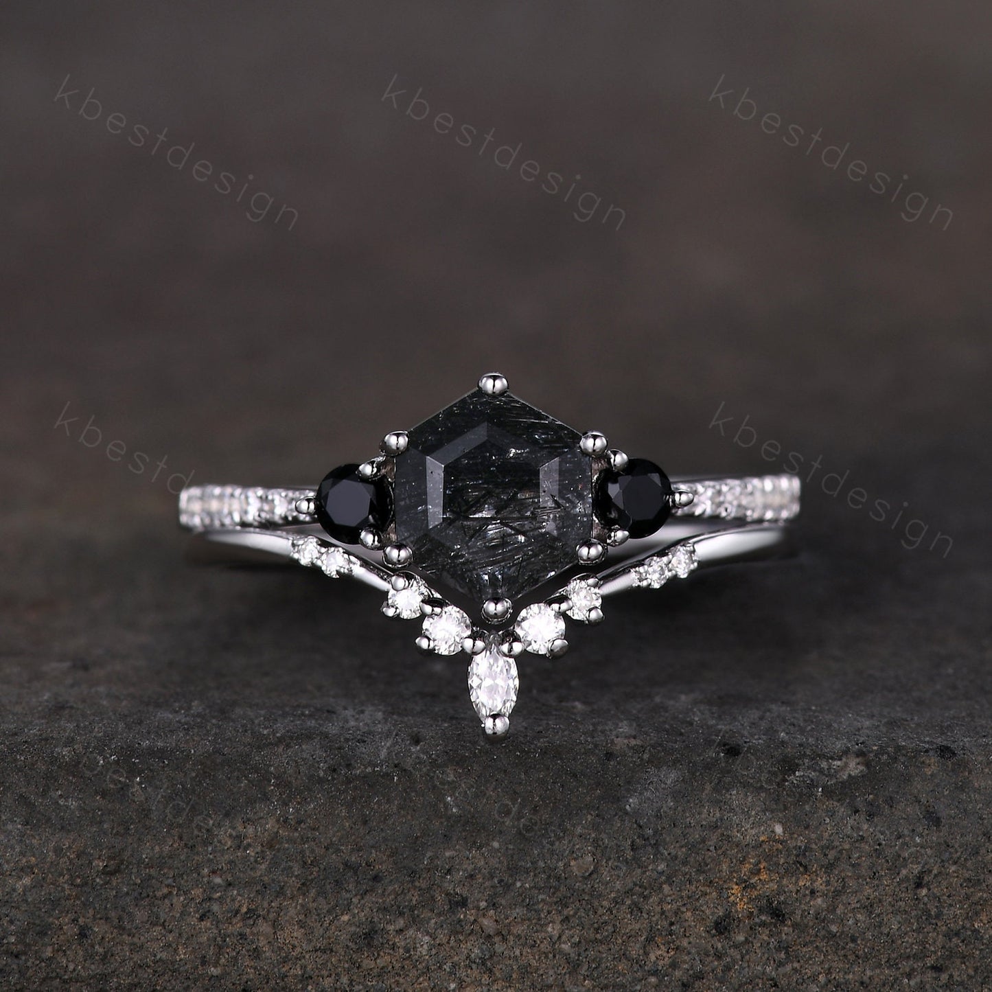 Natural black rutilated quartz engagement ring white gold hexagon cut ring unique curved moissanite stacking band bridal wedding promise set