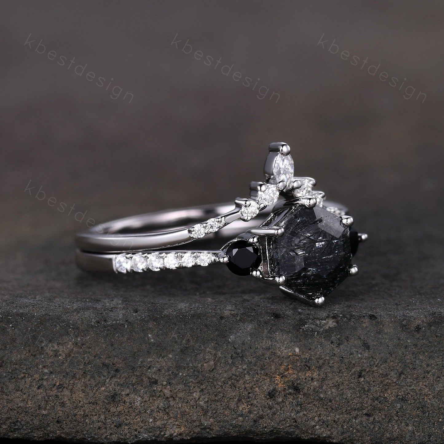 Natural black rutilated quartz engagement ring white gold hexagon cut ring unique curved moissanite stacking band bridal wedding promise set