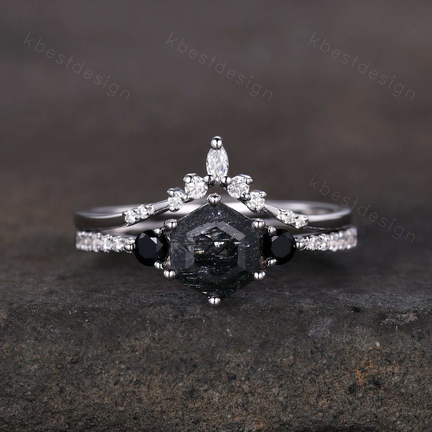 Natural black rutilated quartz engagement ring white gold hexagon cut ring unique curved moissanite stacking band bridal wedding promise set