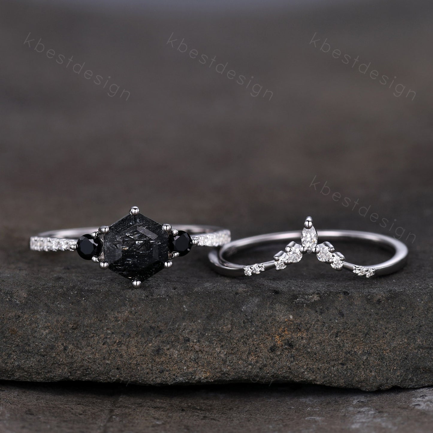 Natural black rutilated quartz engagement ring white gold hexagon cut ring unique curved moissanite stacking band bridal wedding promise set