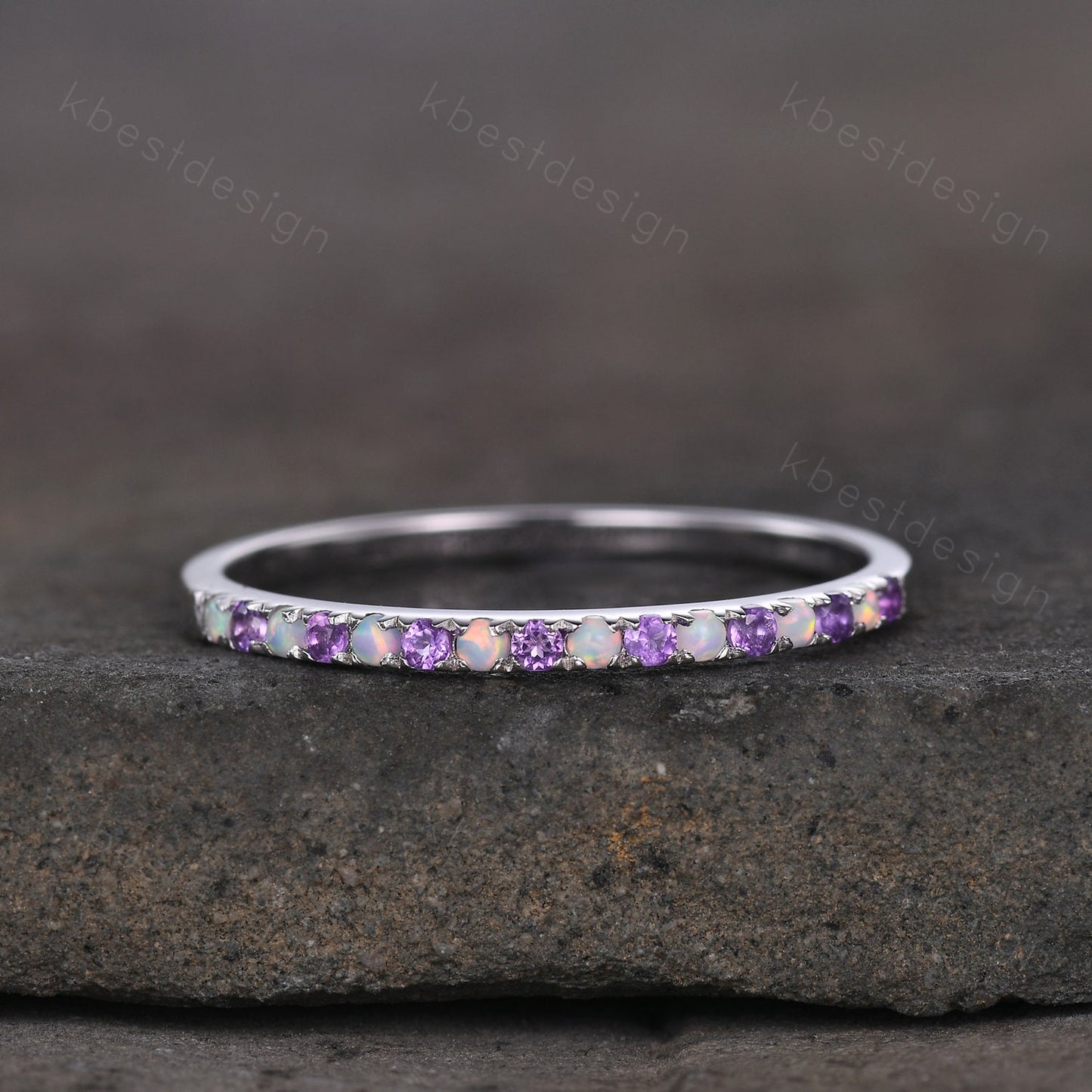 Half Eternity Opal Amethyst Wedding Band Dainty Silver Opal Wedding Ring Amethyst Ring Minimalist Stacking Matching Band Anniversary Gift