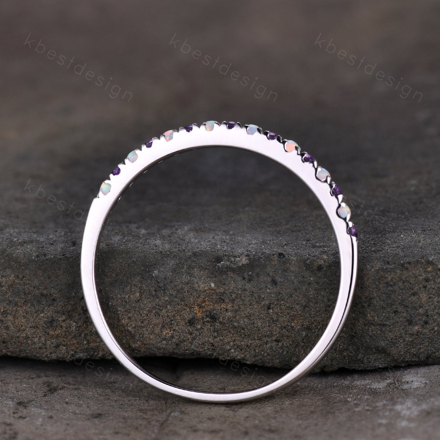 Half Eternity Opal Amethyst Wedding Band Dainty Silver Opal Wedding Ring Amethyst Ring Minimalist Stacking Matching Band Anniversary Gift