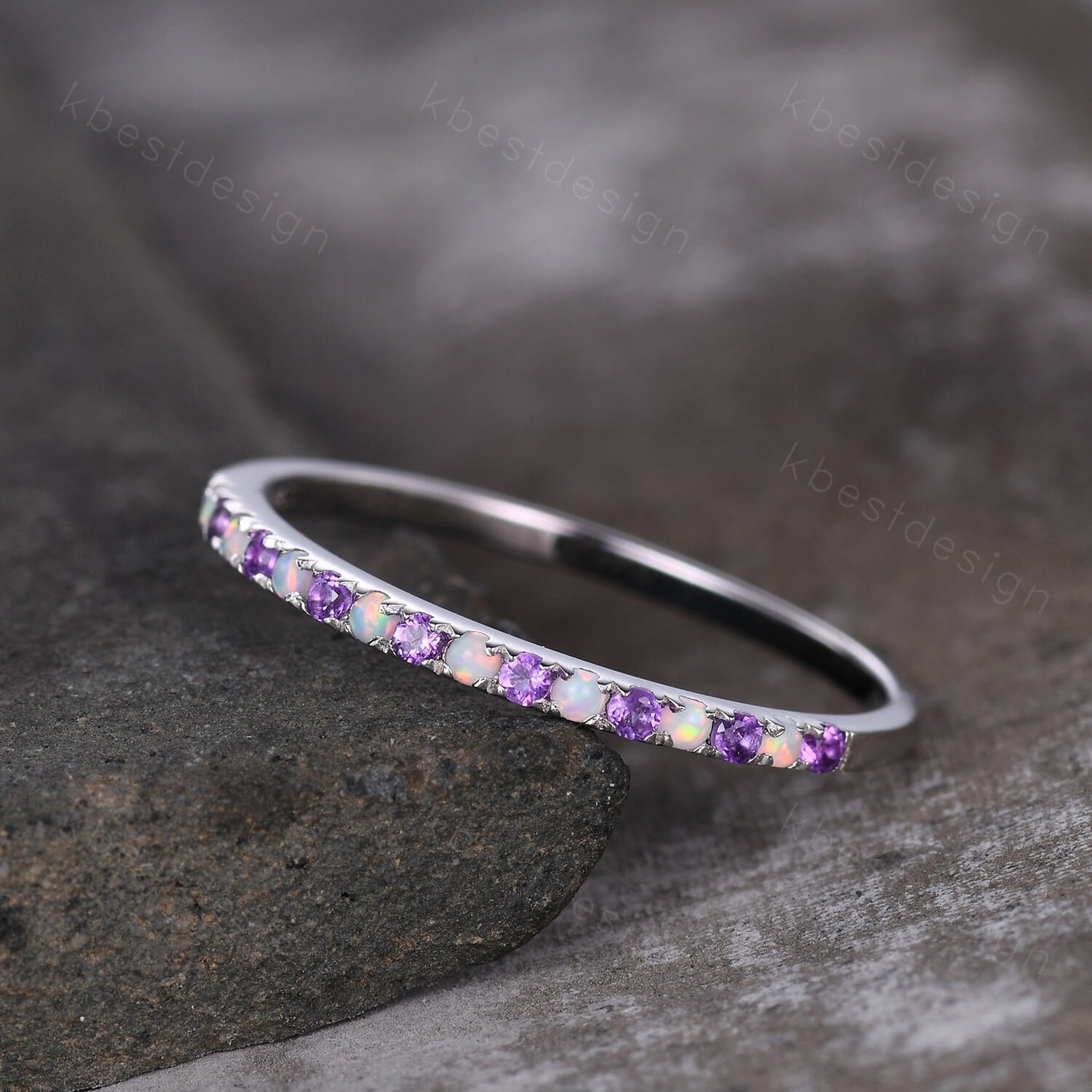 Half Eternity Opal Amethyst Wedding Band Dainty Silver Opal Wedding Ring Amethyst Ring Minimalist Stacking Matching Band Anniversary Gift
