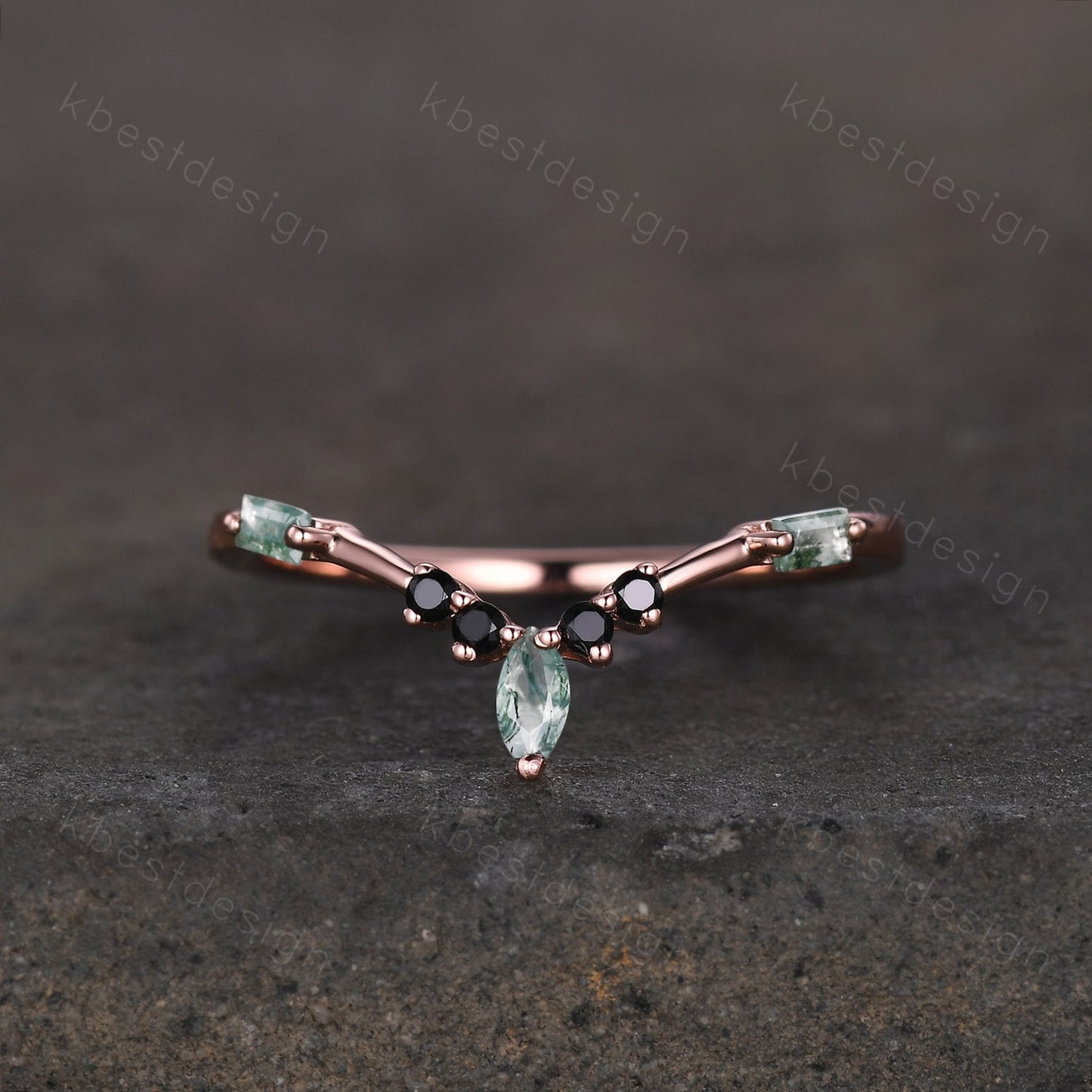 Curved Marquise cut Moss Agate Wedding Band Unique Rose Gold Wedding Band Black Spinel Ring Minimalist Bridal Matching Stackable band