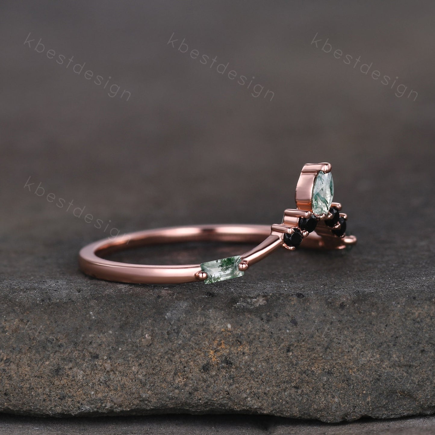 Curved Marquise cut Moss Agate Wedding Band Unique Rose Gold Wedding Band Black Spinel Ring Minimalist Bridal Matching Stackable band