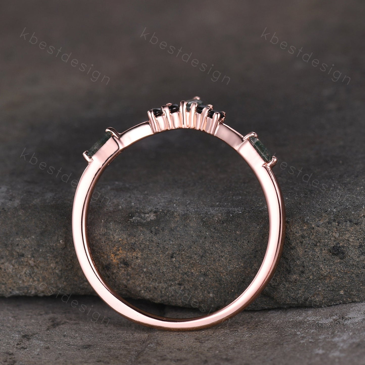 Curved Marquise cut Moss Agate Wedding Band Unique Rose Gold Wedding Band Black Spinel Ring Minimalist Bridal Matching Stackable band