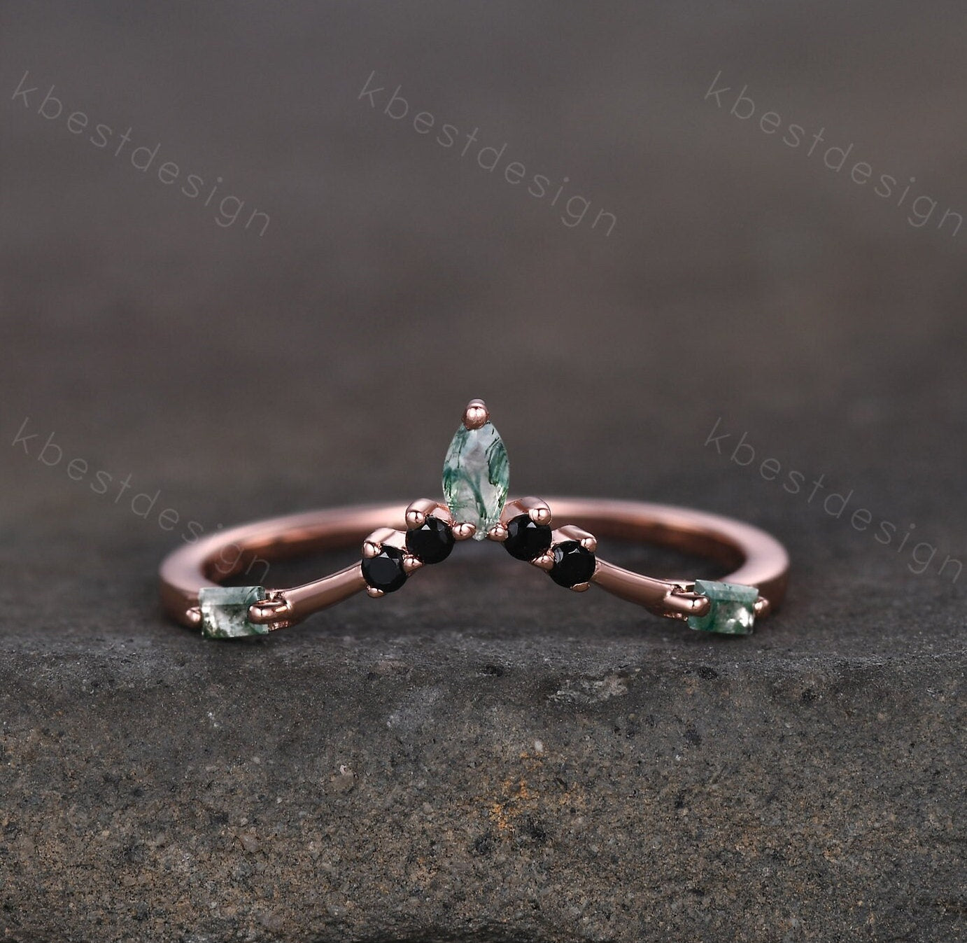 Curved Marquise cut Moss Agate Wedding Band Unique Rose Gold Wedding Band Black Spinel Ring Minimalist Bridal Matching Stackable band