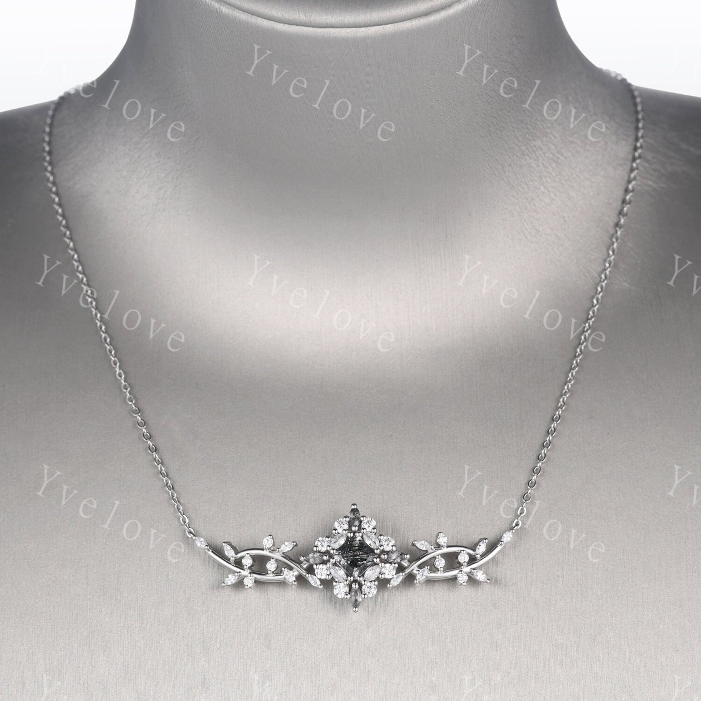 Unique Princess cut Black Rutilated Quartz Pendant,Cluster Black Gem Necklace,Art Deco Moissanite Necklace,Vintage Birthday Gift Women Gift