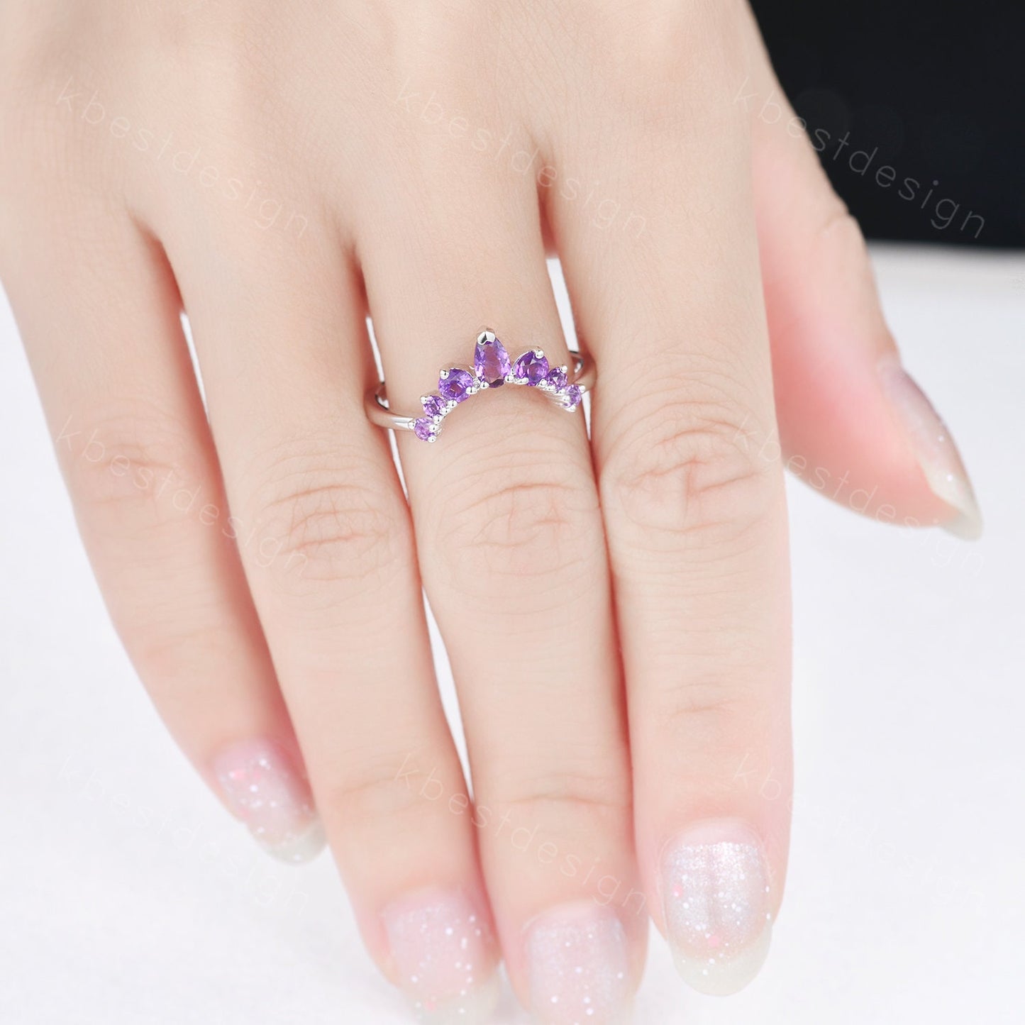 Curved Amethyst Wedding Band, Purple Amethyst Stacking Ring, February Birthstone Ring, Art Deco Matching Band, Anniversary gift for women