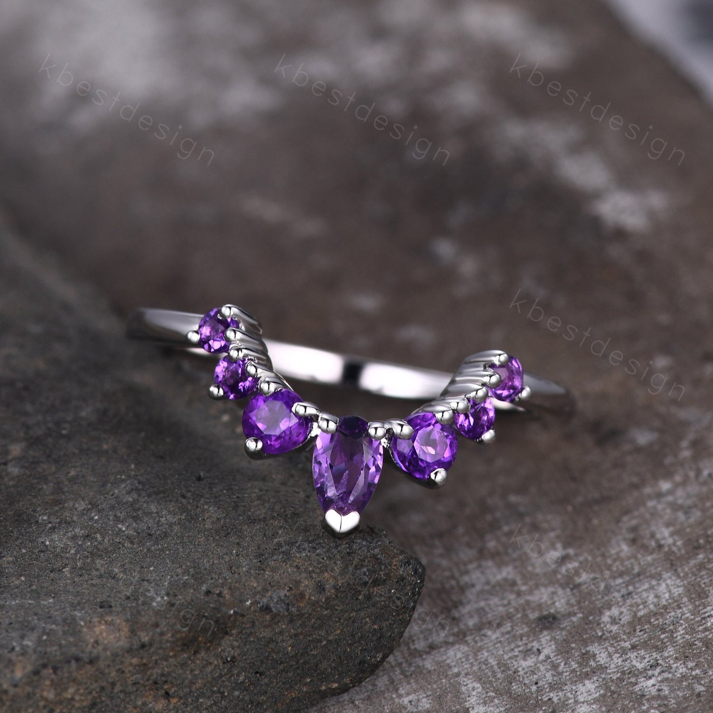 Curved Amethyst Wedding Band, Purple Amethyst Stacking Ring, February Birthstone Ring, Art Deco Matching Band, Anniversary gift for women