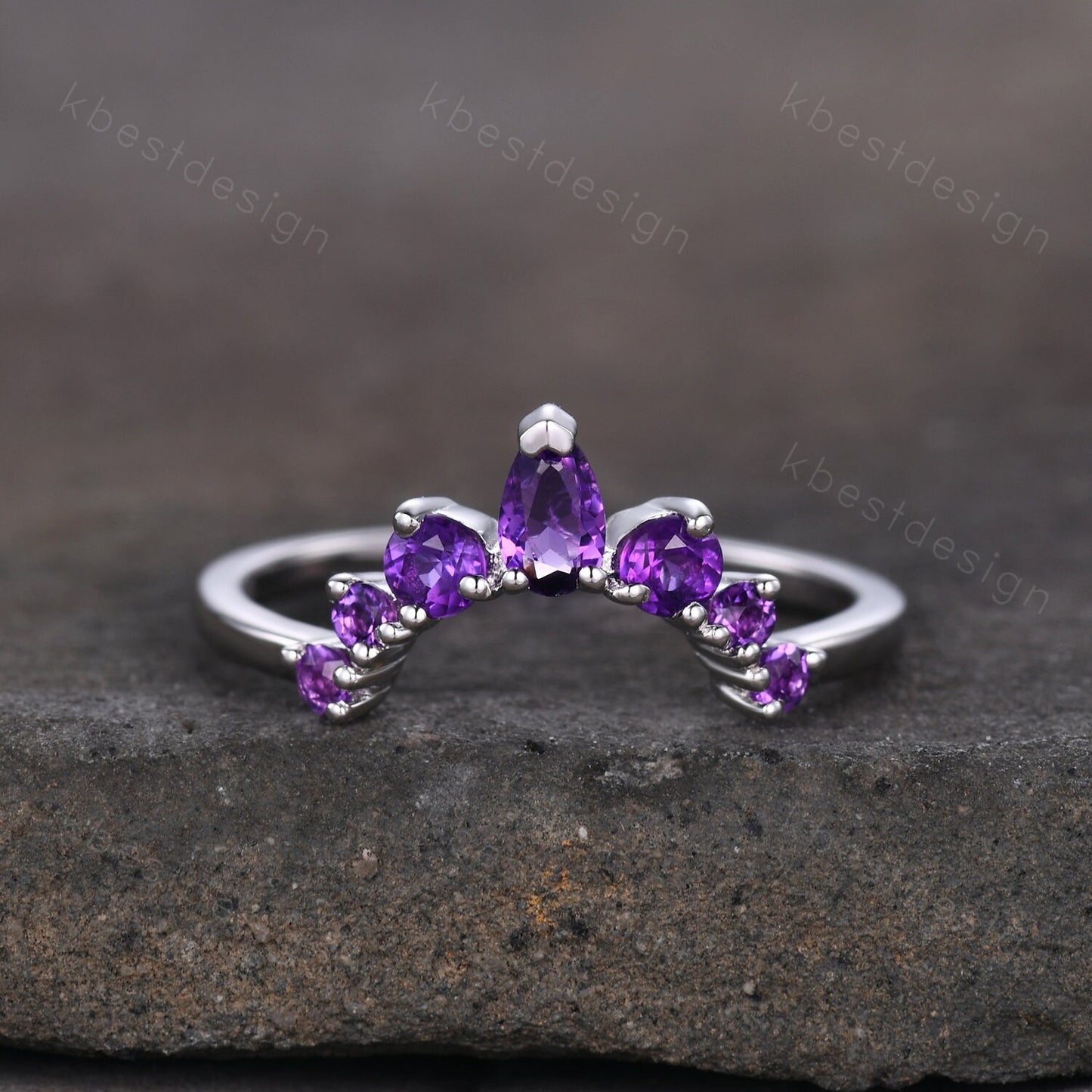Curved Amethyst Wedding Band, Purple Amethyst Stacking Ring, February Birthstone Ring, Art Deco Matching Band, Anniversary gift for women